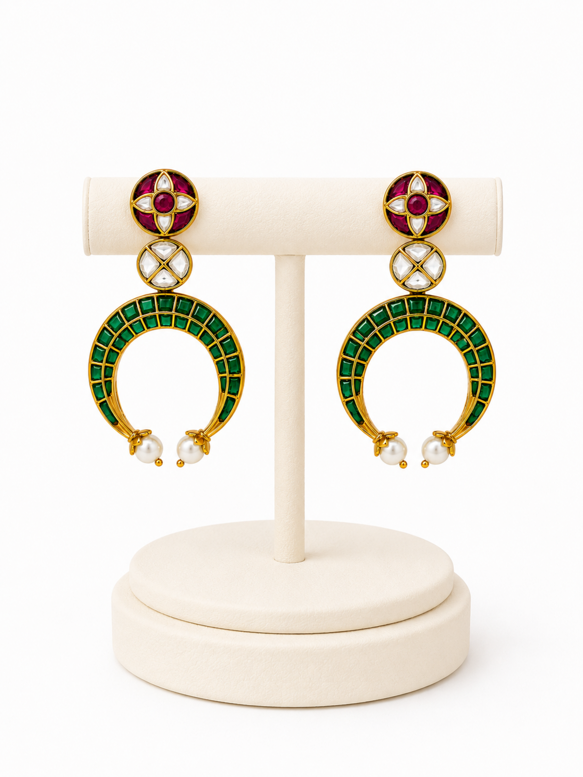 Emerald Crescent Pearl Drop Earrings – Green Stone Kundan Drops – Pabeena