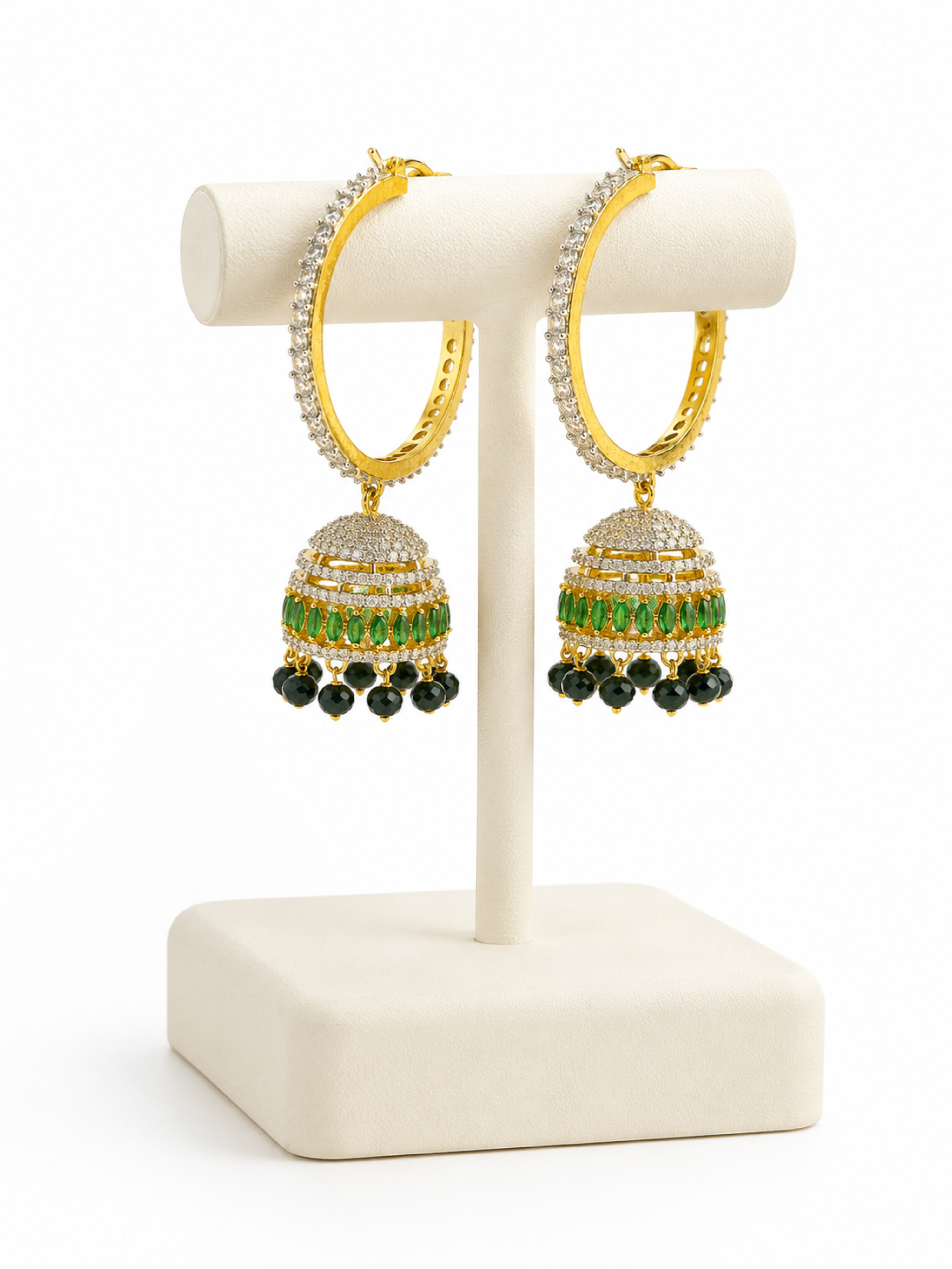 Emerald Aura Hoop Jhumkas – Green AD Stone Hoop Jhumka Earrings – Pabeena