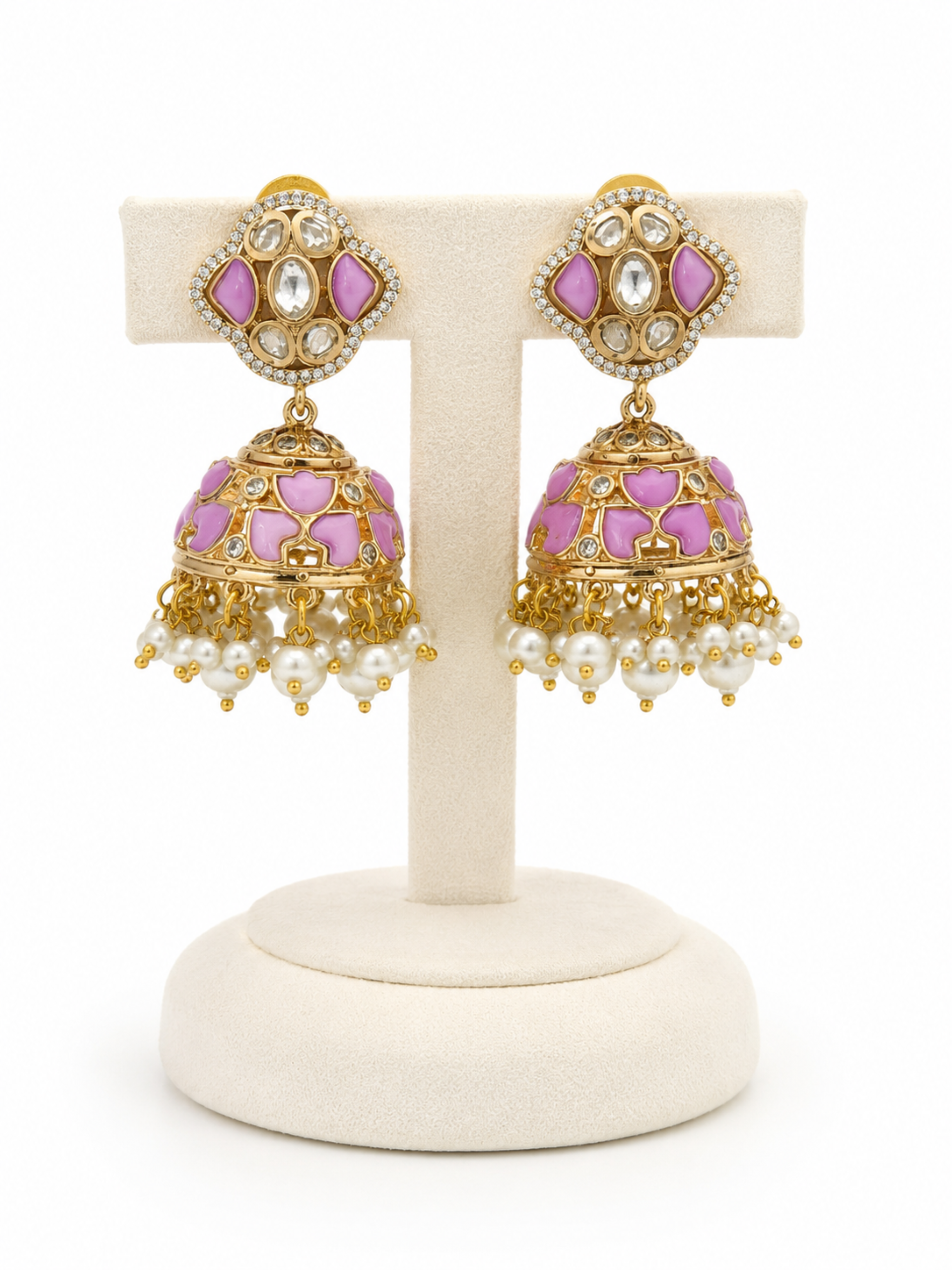 Gulbahaar Pearl Jhumkas – Blush Pink Meenakari Kundan Jhumkas – Pabeena