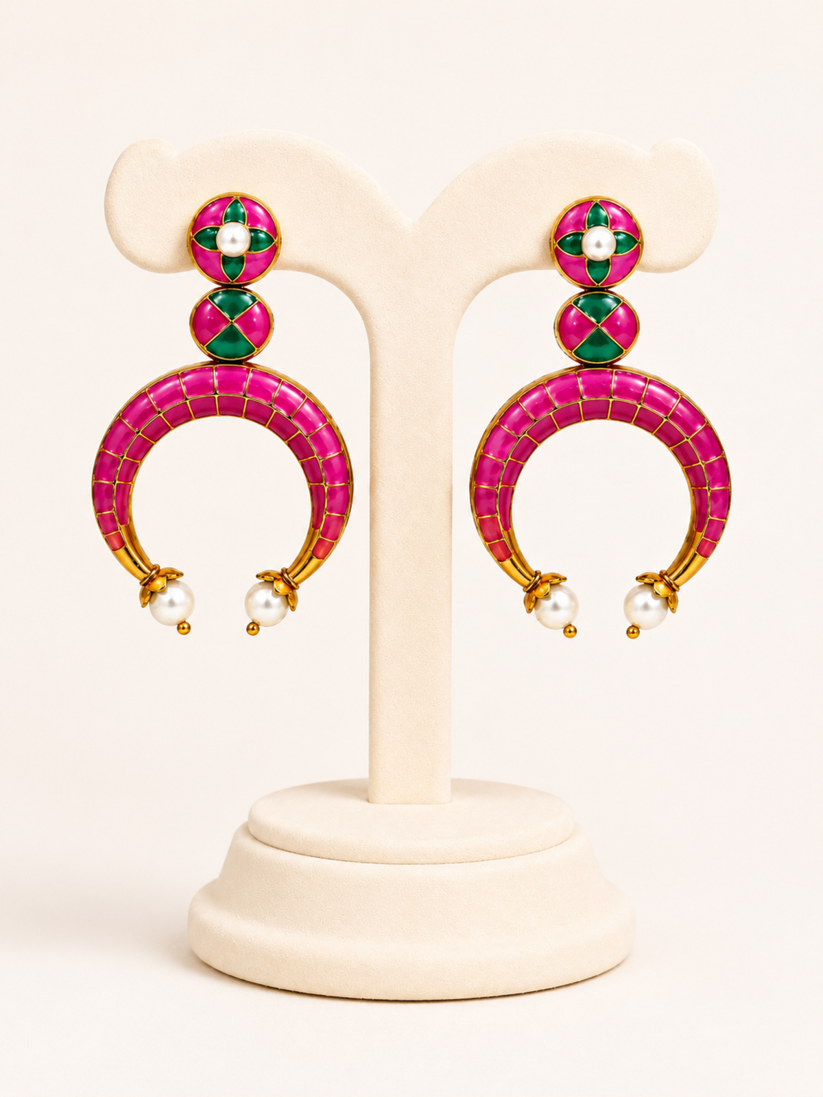 Gulnaar Meenakari Hoop Earrings – Pink Green Enamel Pearl Hoops – Pabeena