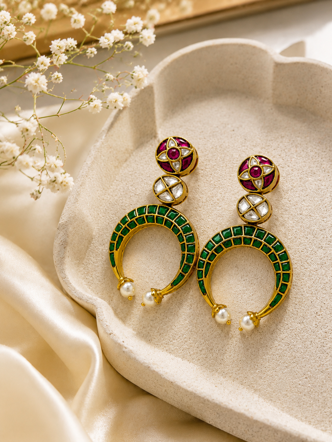 Emerald Crescent Pearl Drop Earrings – view 3 – Pabeena