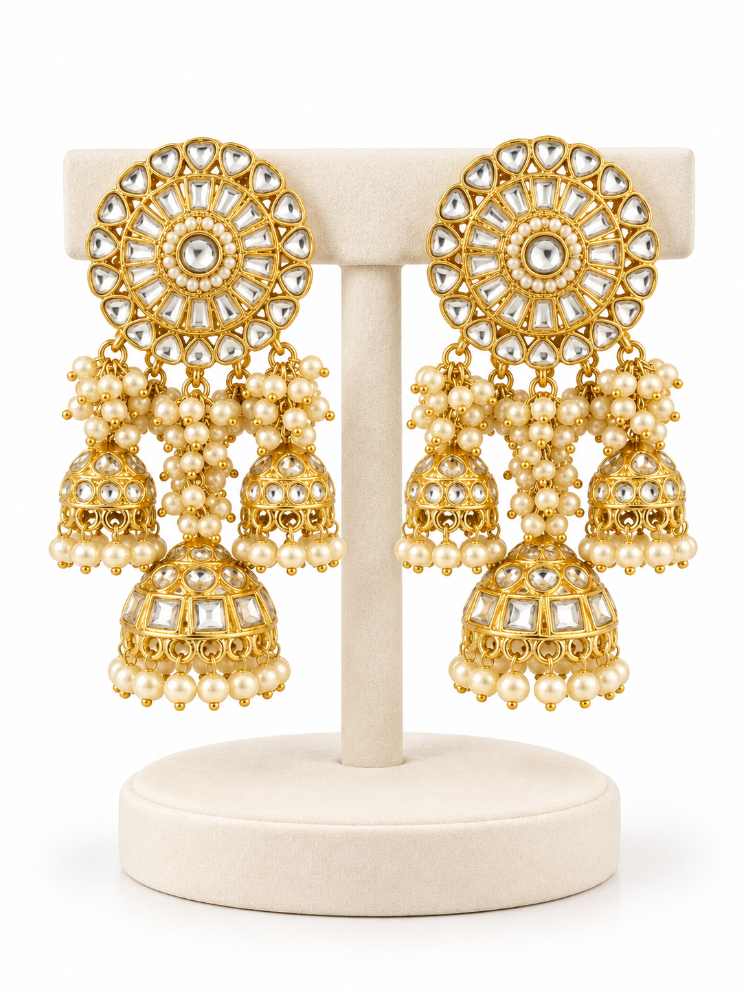 Sheesh Mahal Kundan Triple Jhumka Earrings - Pabeena