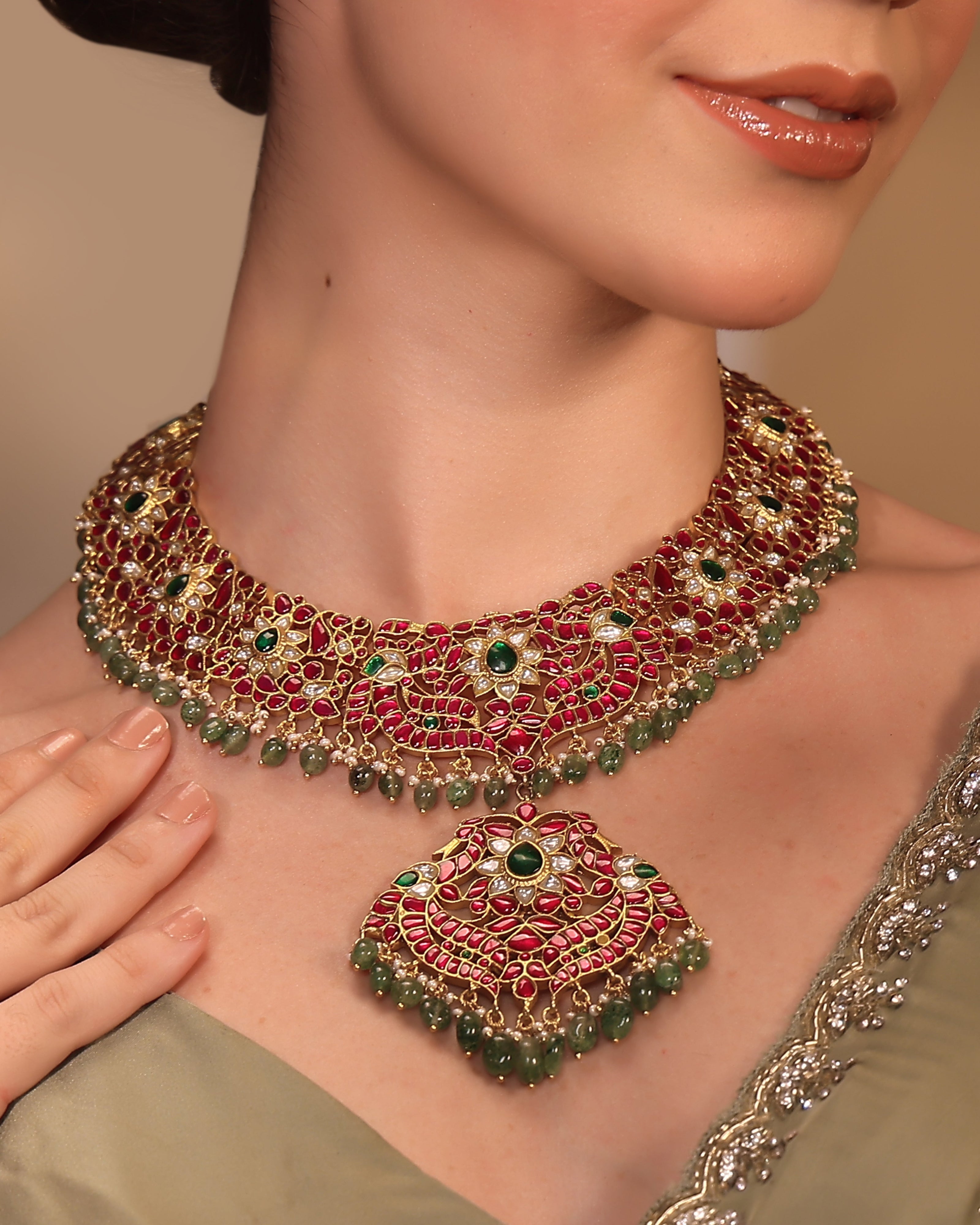 Mahalaya Heirloom Enamel Polki Choker - Pabeena