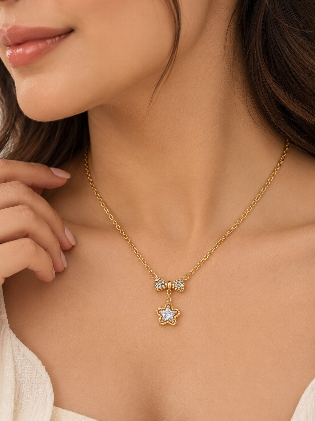 Bow Star Pendant Necklace – worn – Pabeena