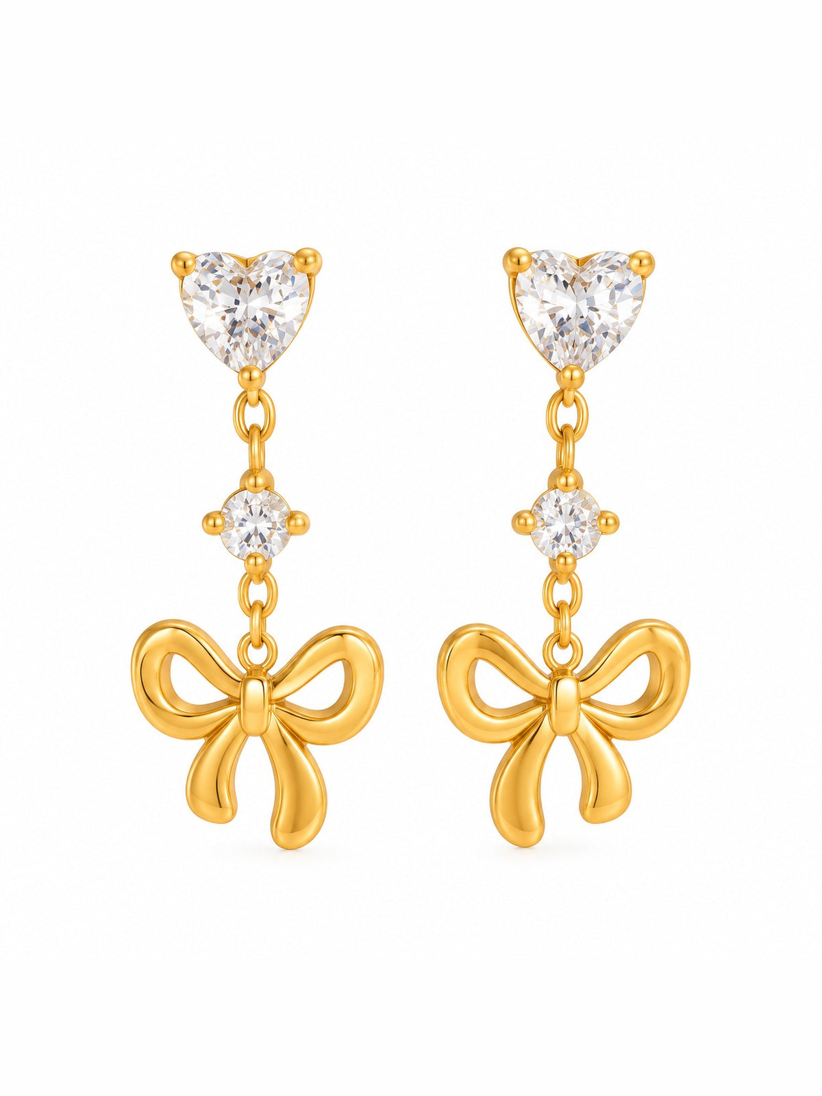 Bowtie Heart Drop Earrings – gold plated zircon heart stud with bow charm – Pabeena