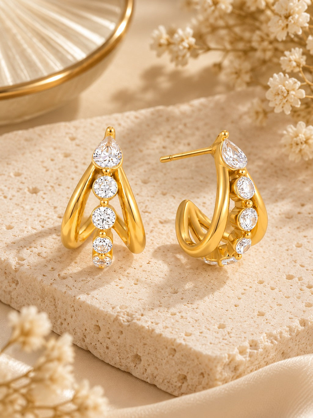 Crescent Dew Split Hoop Earrings – flat lay – Pabeena