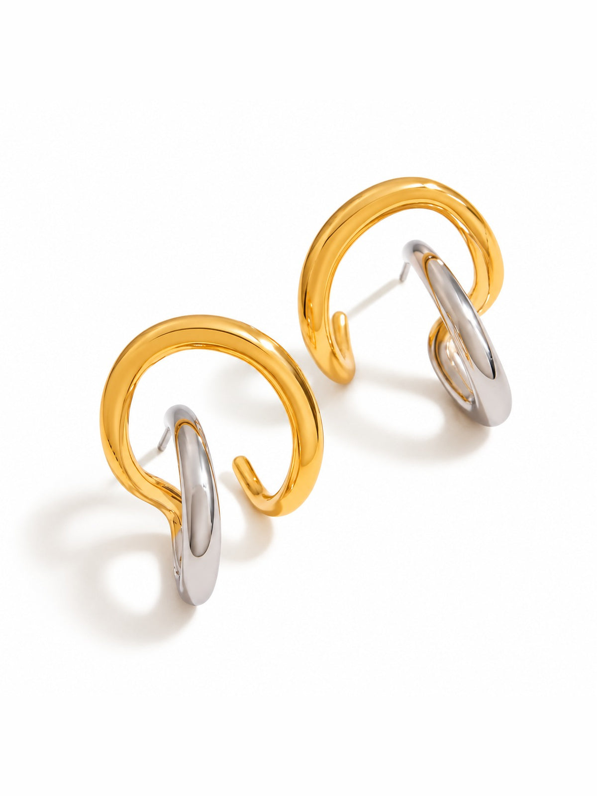 Dual Crescent Hoop Earrings – two-tone gold and silver layered hoops – Pabeena