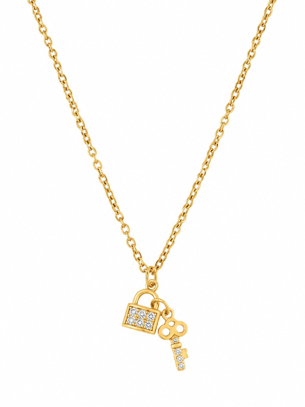 Lock & Key Necklace – gold plated zircon padlock and key pendant – Pabeena