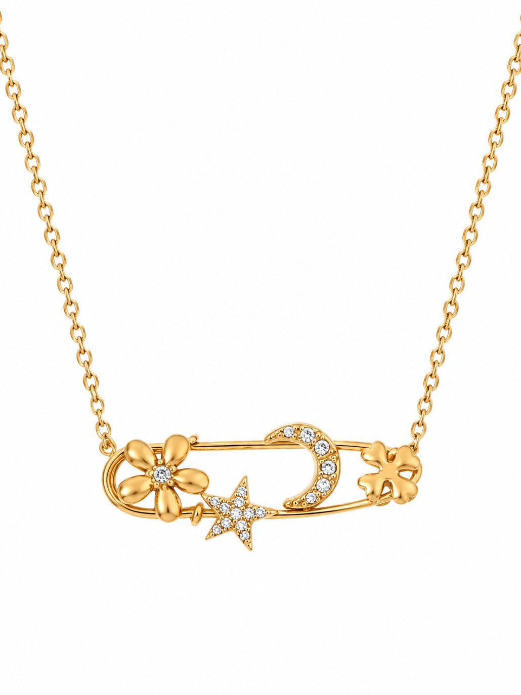 Lucky Pin Necklace – gold safety pin pendant with star, moon, flower and clover – Pabeena