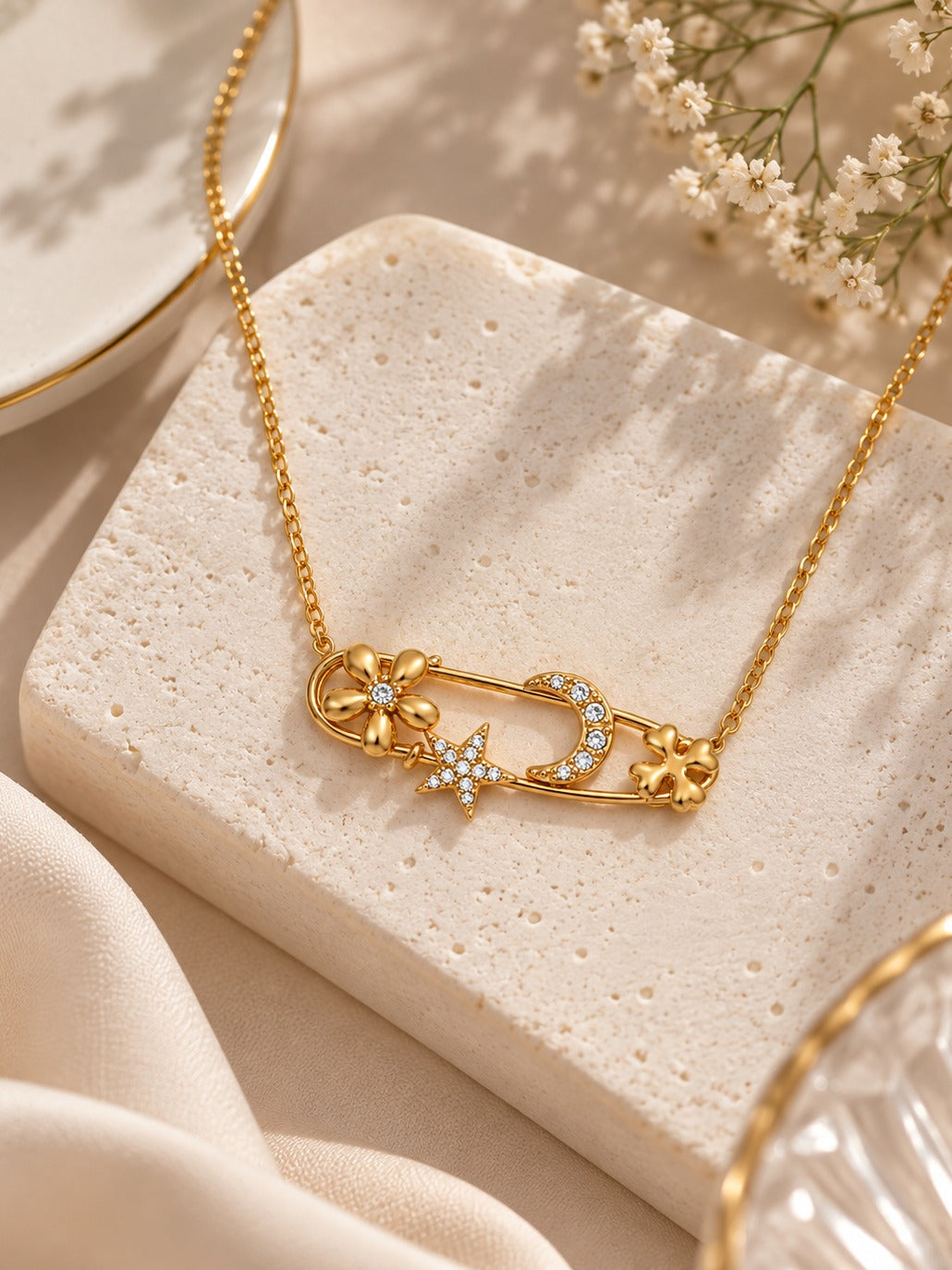 Lucky Pin Necklace – flat lay – Pabeena