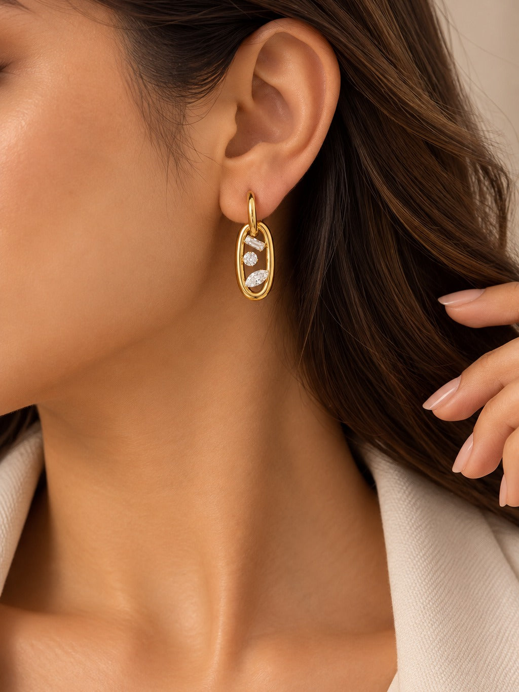 Oval Crystal Link Earring – worn on the ear – Pabeena