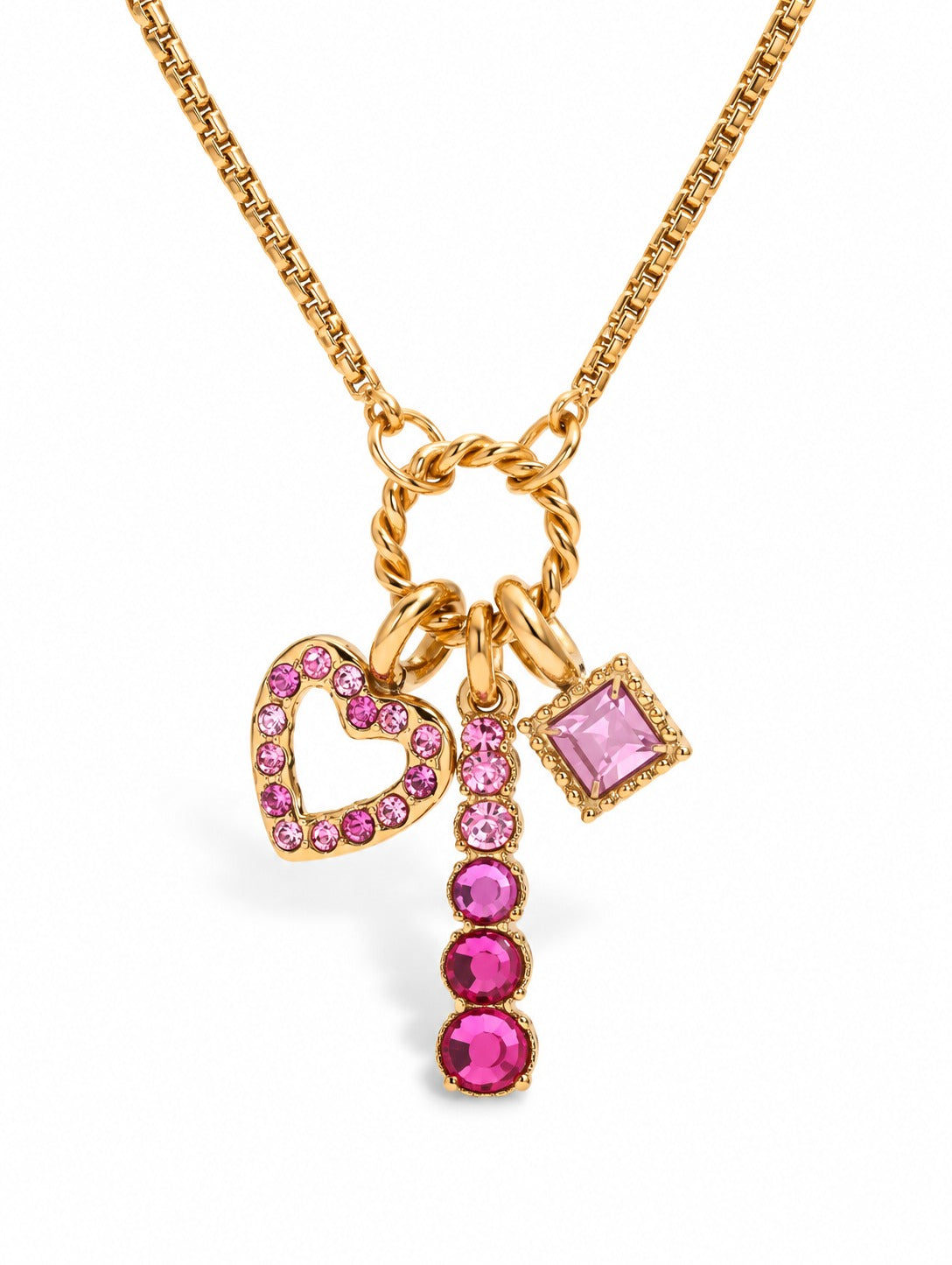 Pink Charm Cluster Necklace – gold plated heart, bar and square pink zircon charms – Pabeena