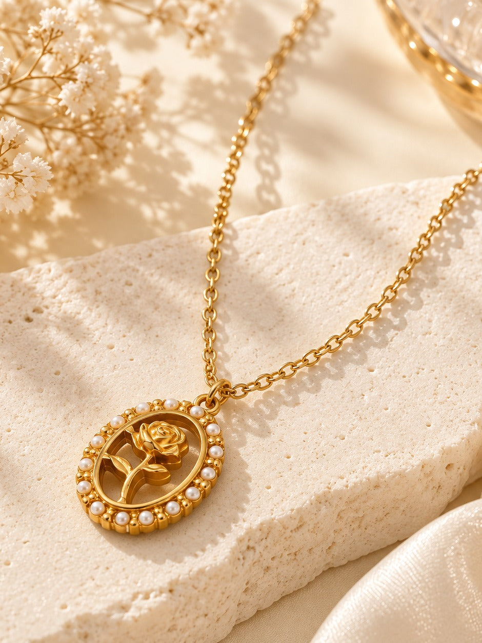 Rose Cameo Pendant Necklace – flat lay – Pabeena