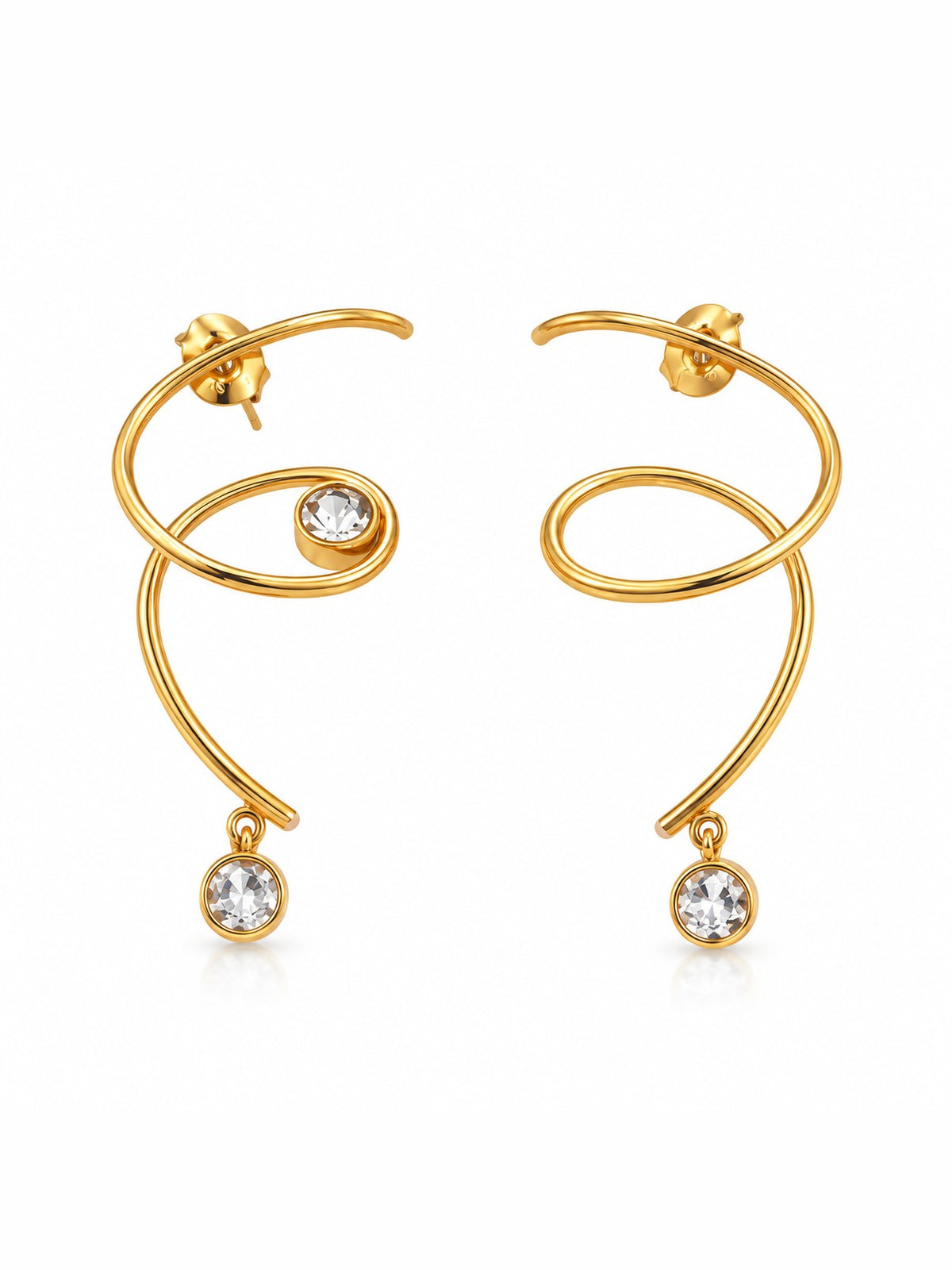 Swirl Solitaire Drop Earrings – Gold Plated Spiral Zircon Earrings – Pabeena