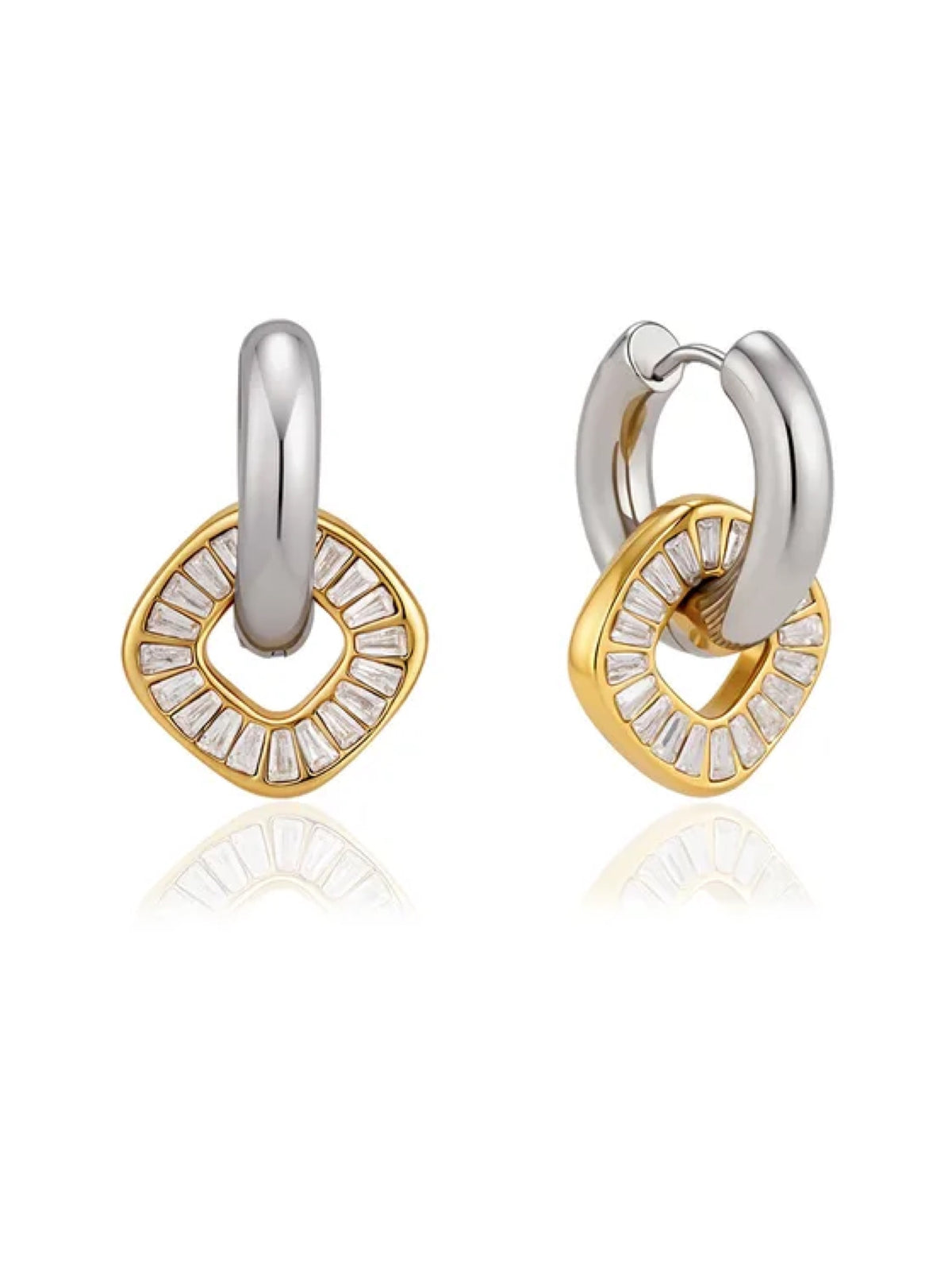 Vivienne Baguette Link Earrings – Two-Tone Gold & Silver Zircon Drops – Pabeena