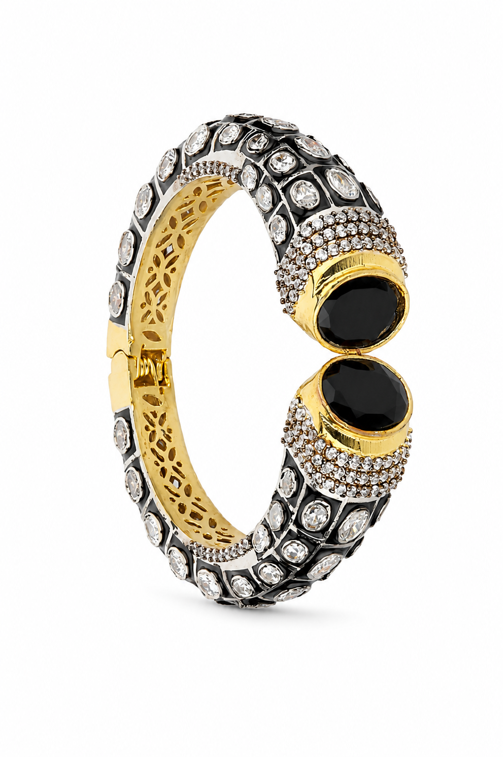 Noir Royale Statement Cuff – Black Stone Dual Tone Gold Silver Cuff – Pabeena
