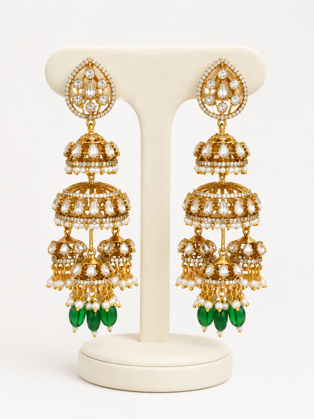 Emerald Noor Heritage Jhumkas – Green Kundan Bridal Jhumka Earrings – Pabeena