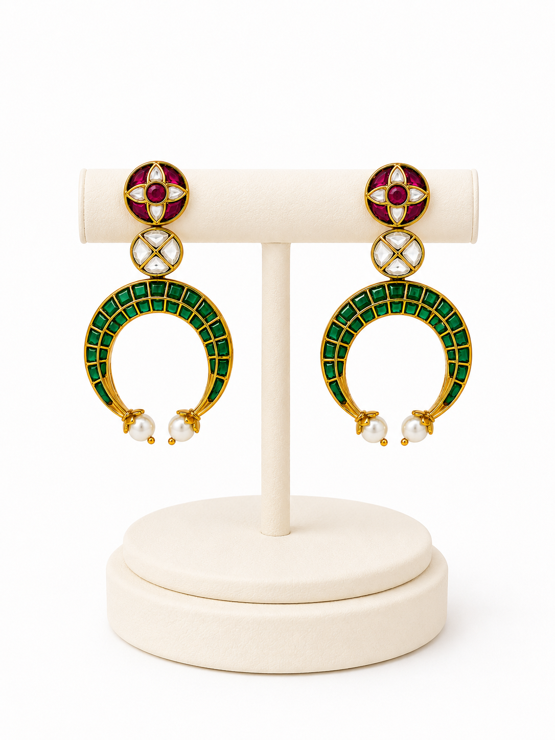 Emerald Crescent Pearl Drop Earrings – Green Stone Kundan Drops – Pabeena