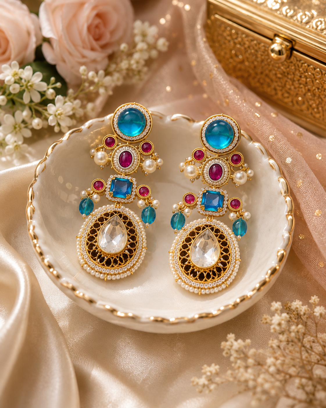 Neelam Rani Polki Chandbali Earrings - Pabeena