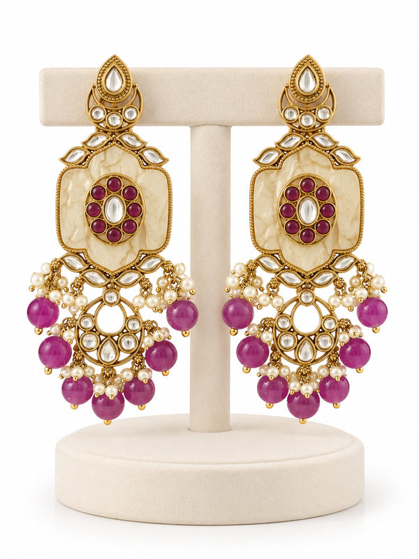 Gulnaaz Ivory Kundan Earrings with magenta beads - Pabeena