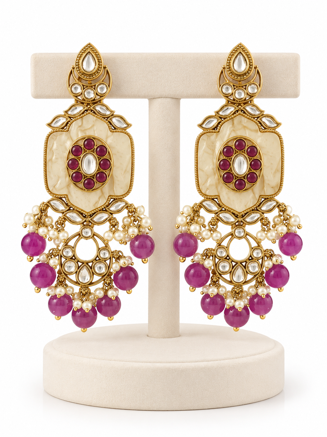 Gulnaaz Ivory Kundan Earrings with magenta beads - Pabeena