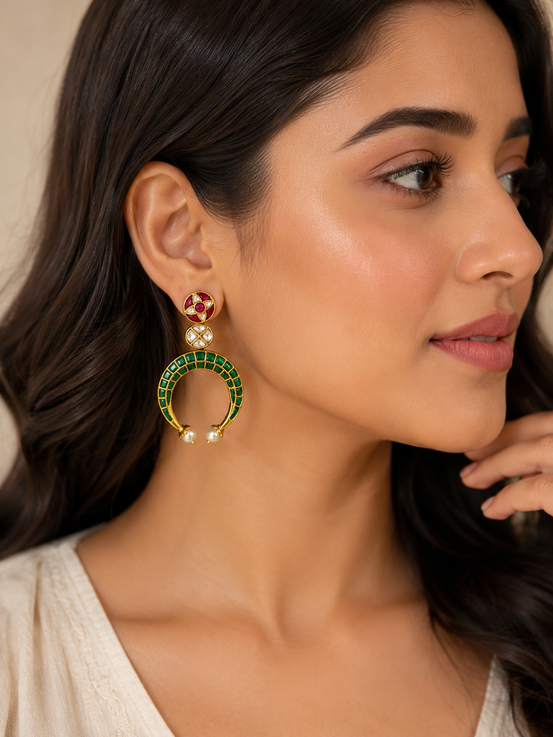 Emerald Crescent Pearl Drop Earrings – view 2 – Pabeena
