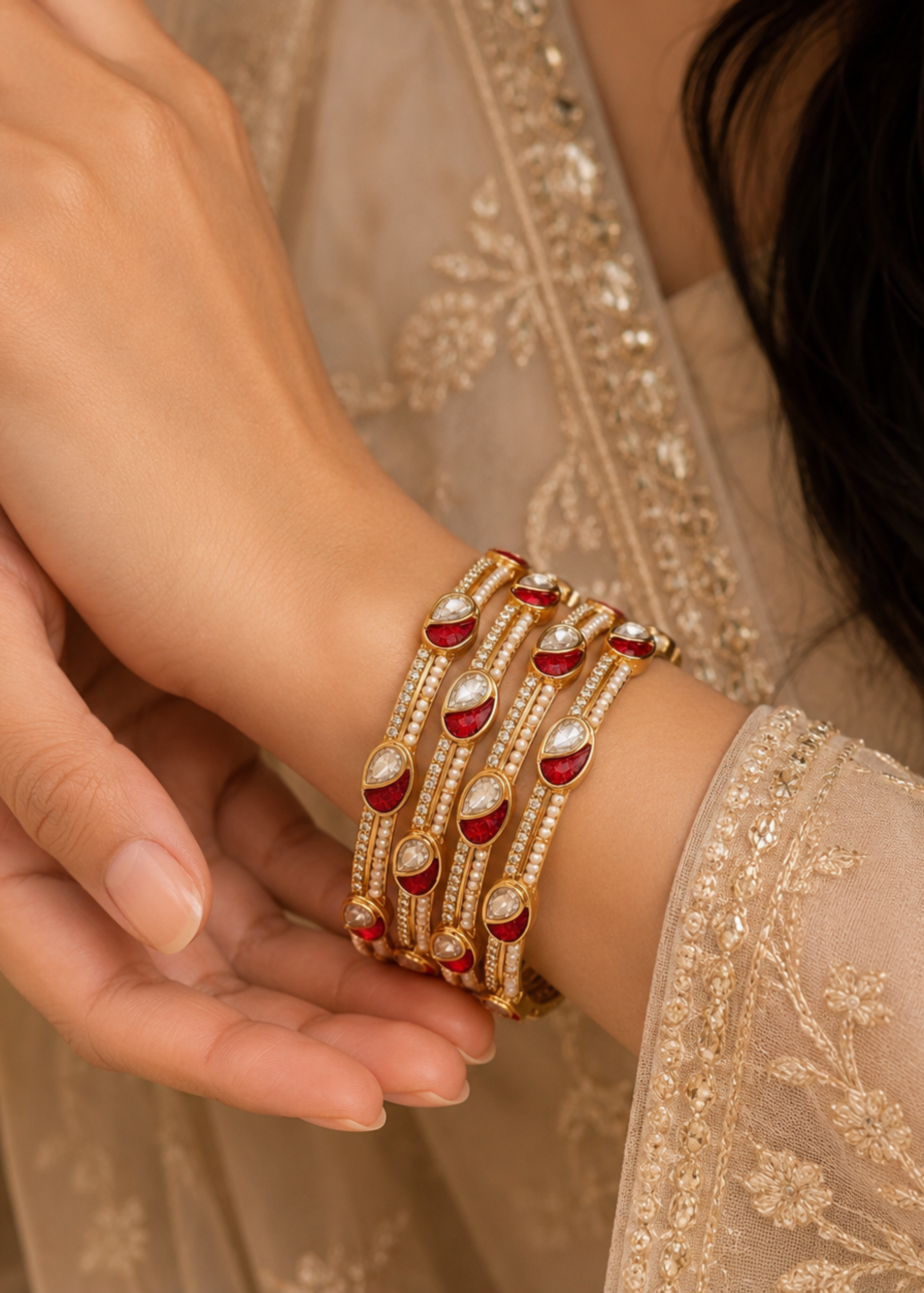 Rajwada Ruby Pearl Bangle Set - Pabeena