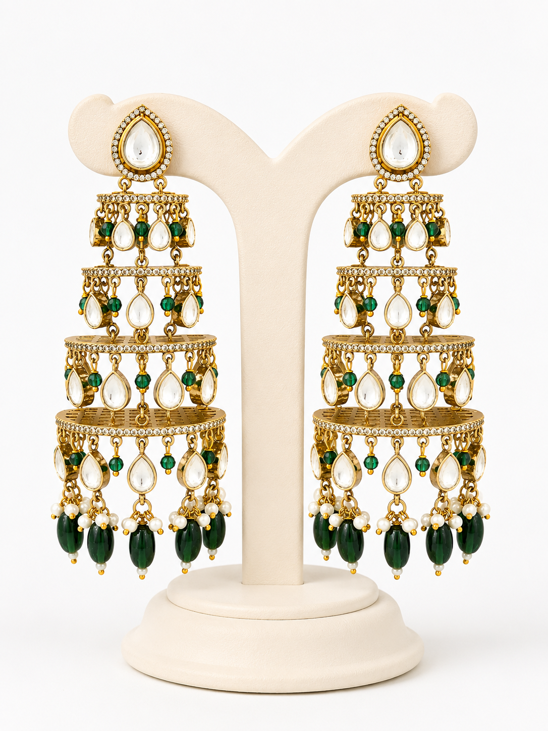 Emerald Noor Cascade Chandeliers – Green Kundan Chandelier Earrings – Pabeena