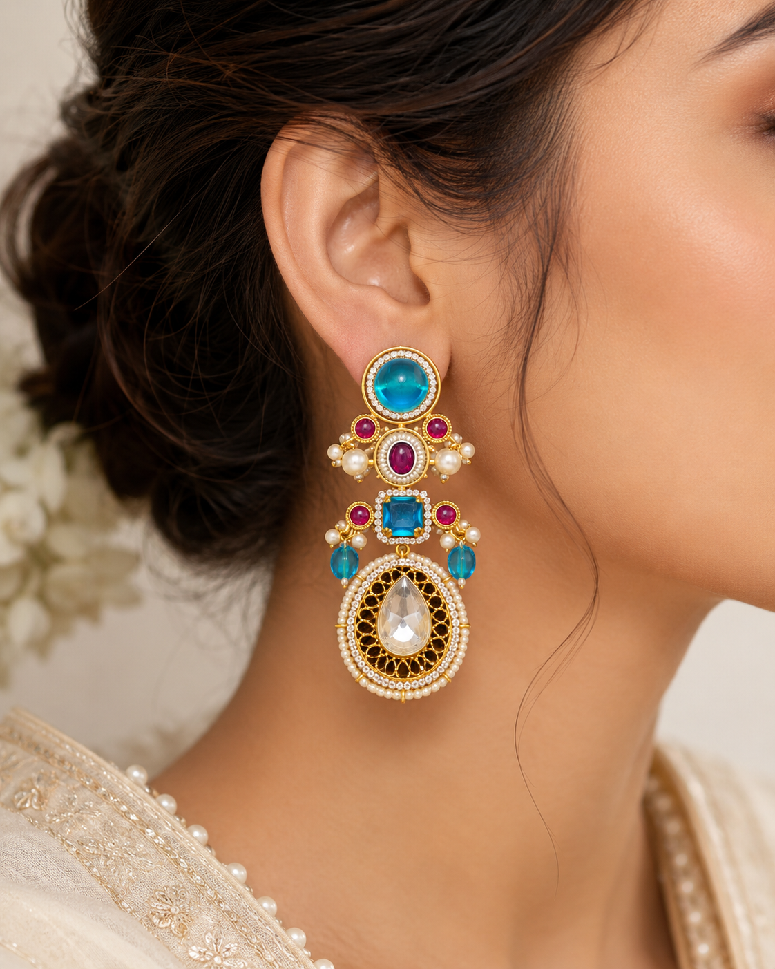 Neelam Rani Polki Chandbali Earrings - Pabeena