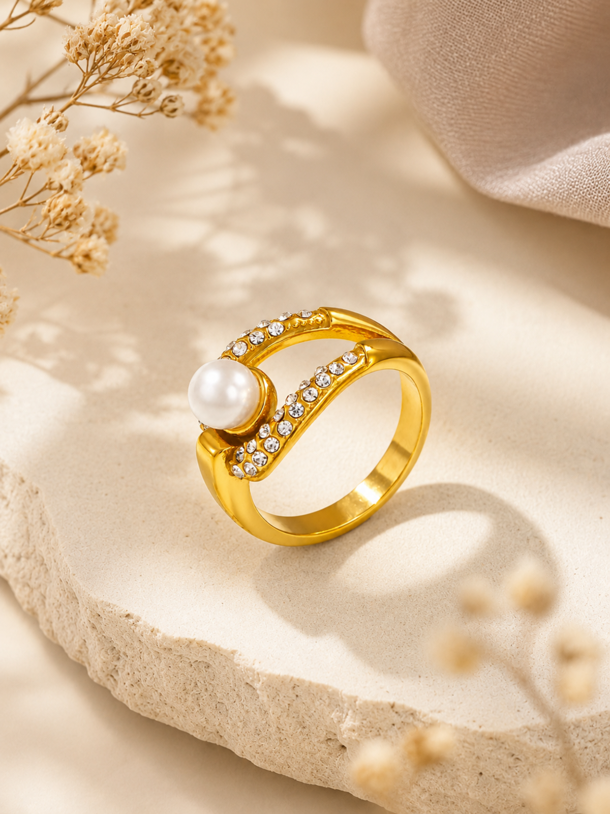 Pearl Radiance Crystal Ring – Pearl Gold Plated Ring for Women