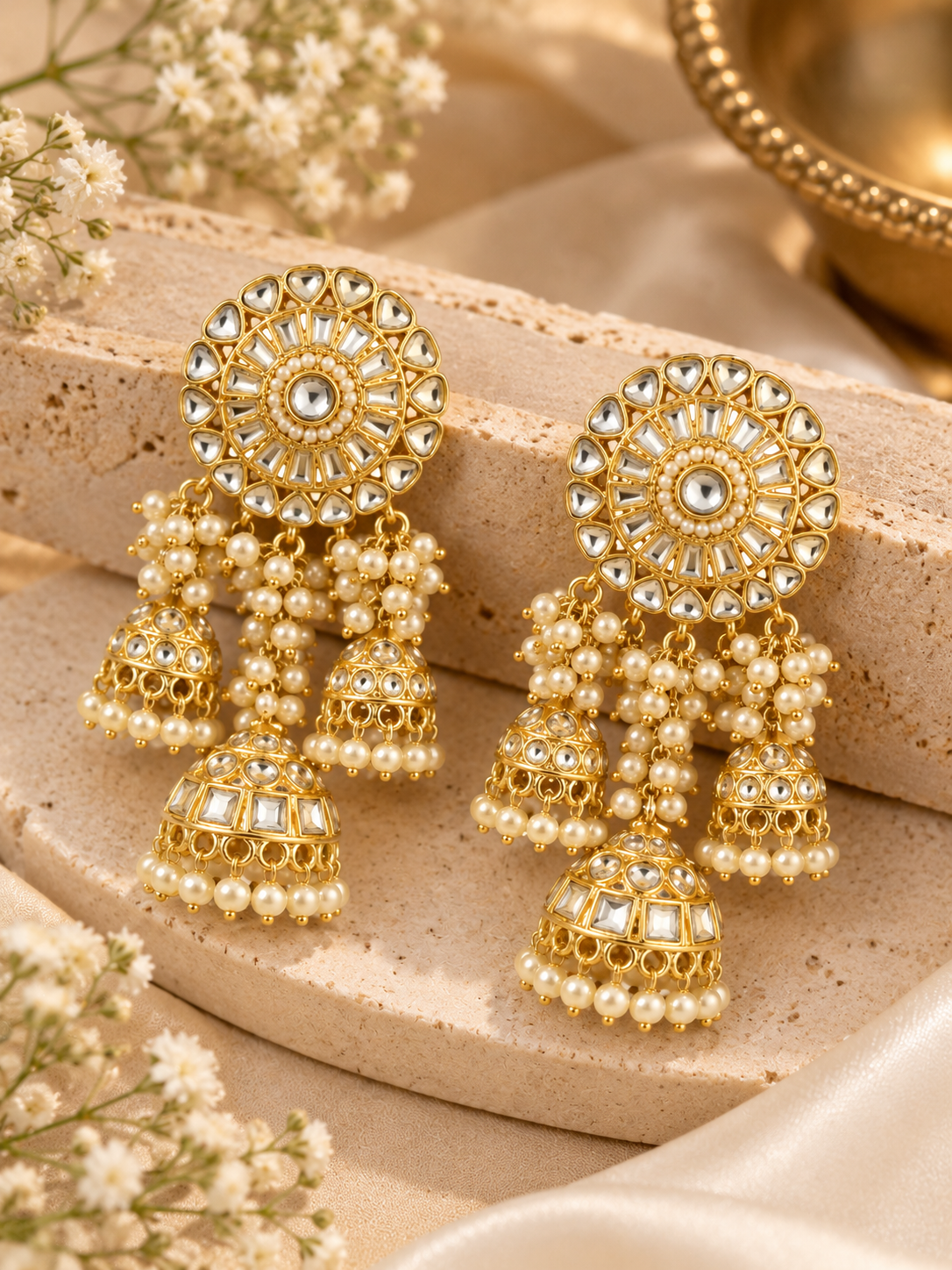 Sheesh Mahal Kundan Triple Jhumka Earrings with pearl clusters - Pabeena
