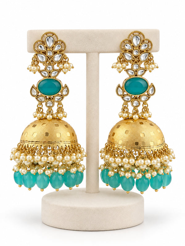 Firozi Noor Kundan Turquoise Jhumka Earrings - Pabeena