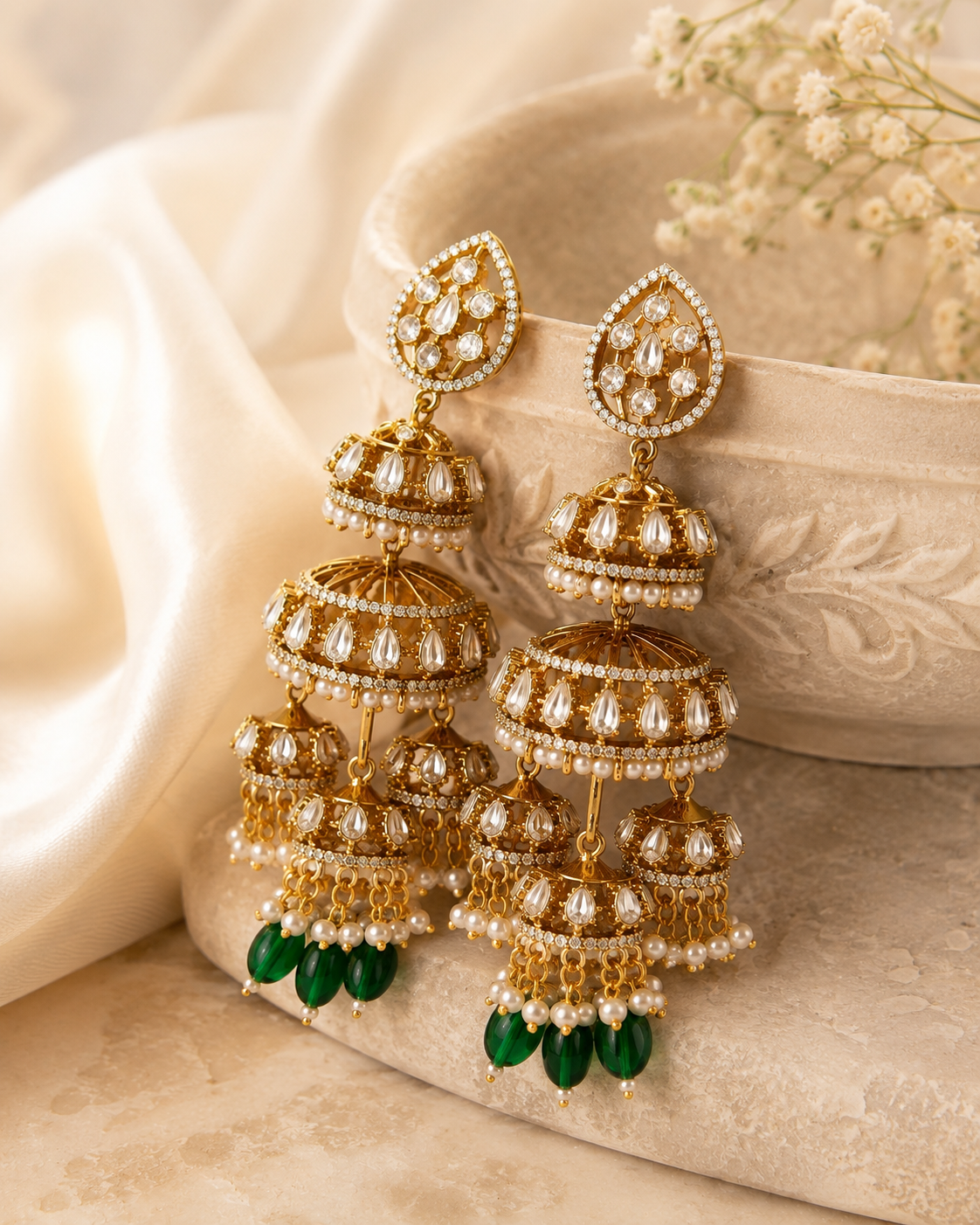 Emerald Noor Heritage Jhumkas – view 3 – Pabeena