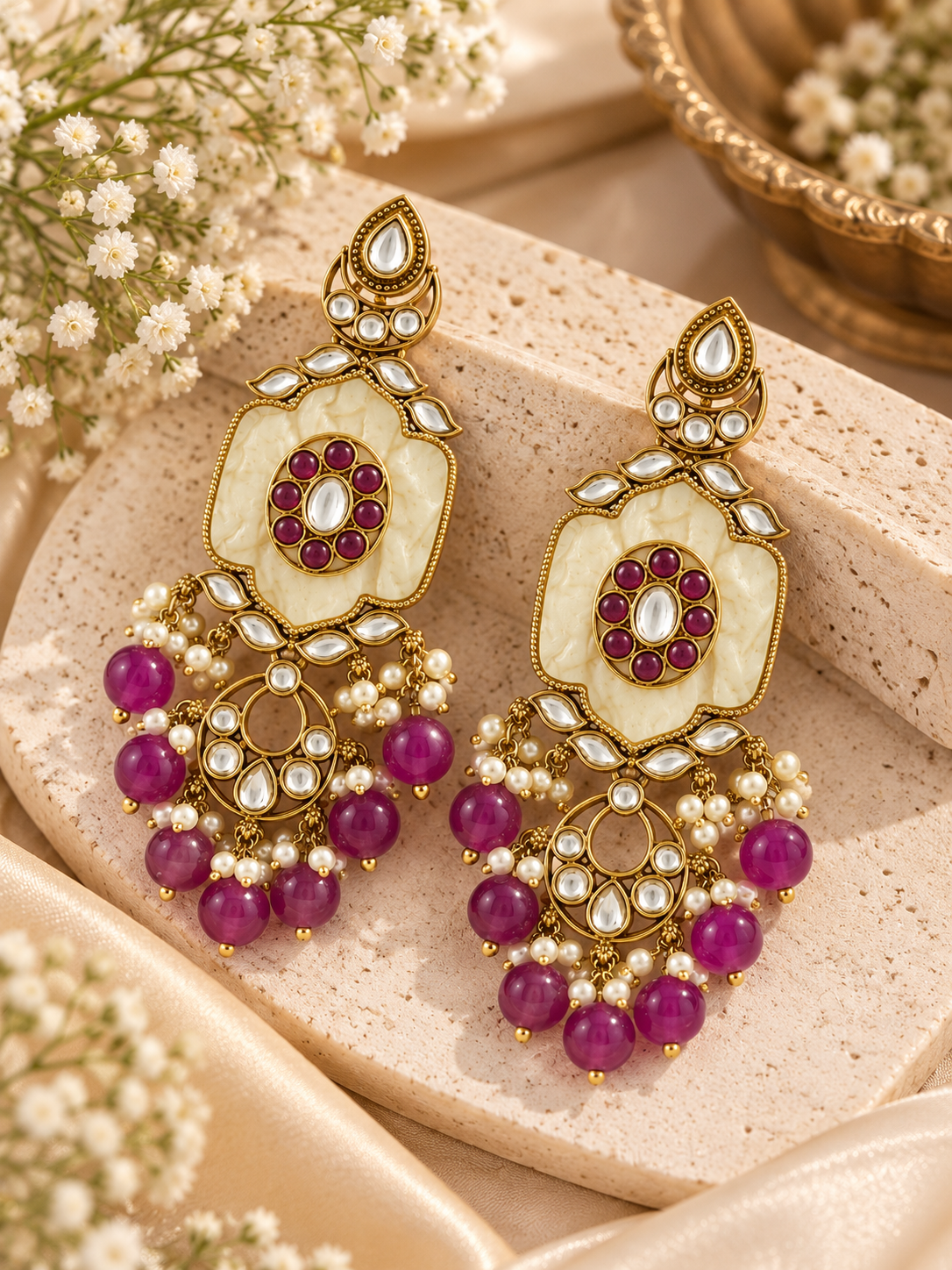 Gulnaaz Ivory Kundan Earrings with marble enamel - Pabeena