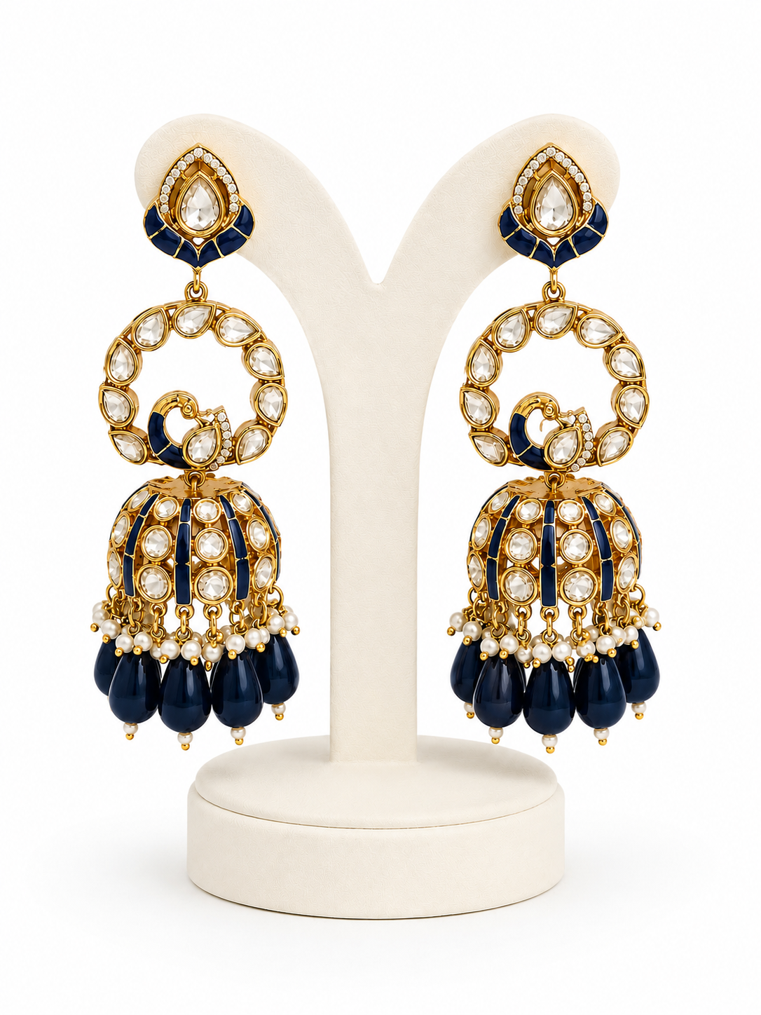 Neelambari Rajwadi Peacock Jhumkas – Blue Meenakari Kundan Earrings – Pabeena