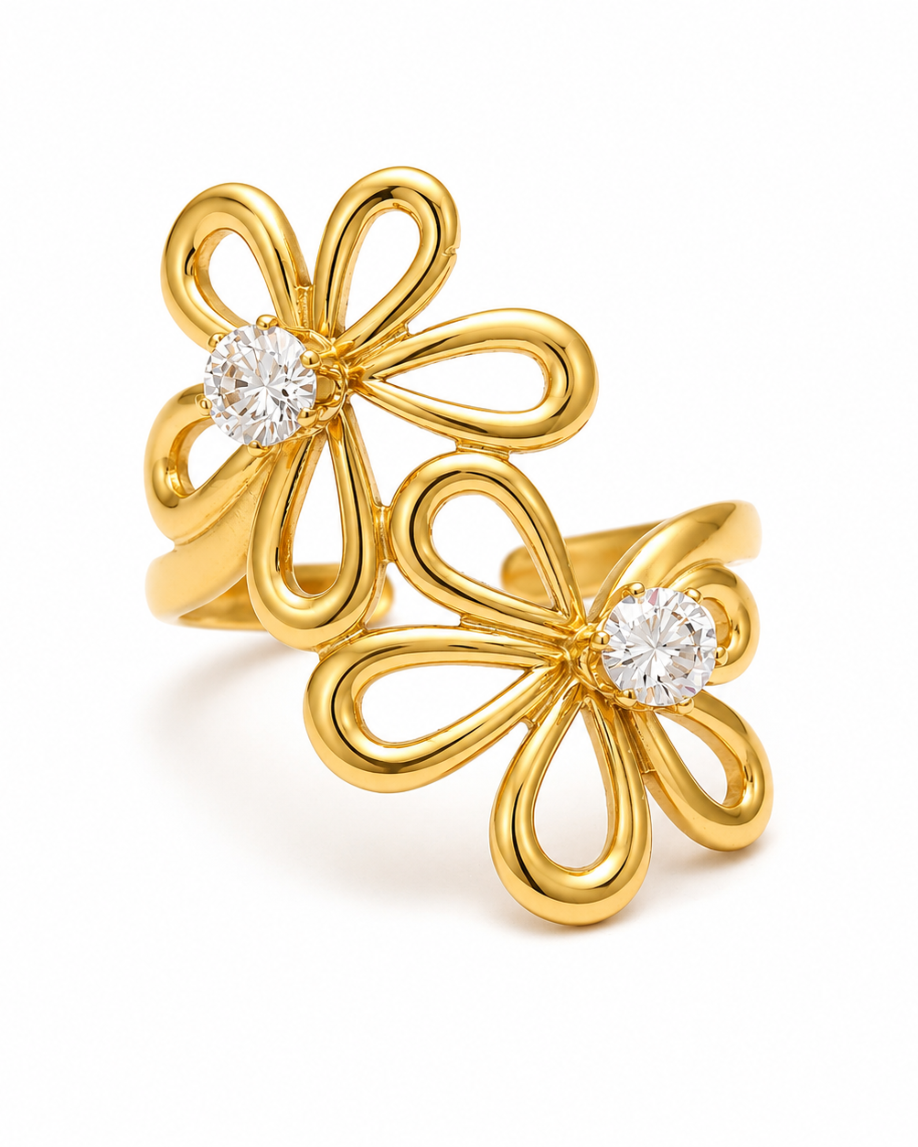 Bloomette Duo Ring – Gold Plated Floral Free Size Ring for Women – Pabeena