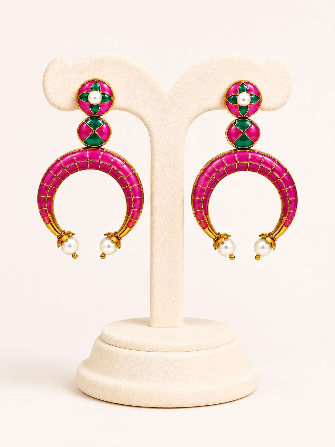 Gulnaar Meenakari Hoop Earrings – Pink Green Enamel Pearl Hoops – Pabeena