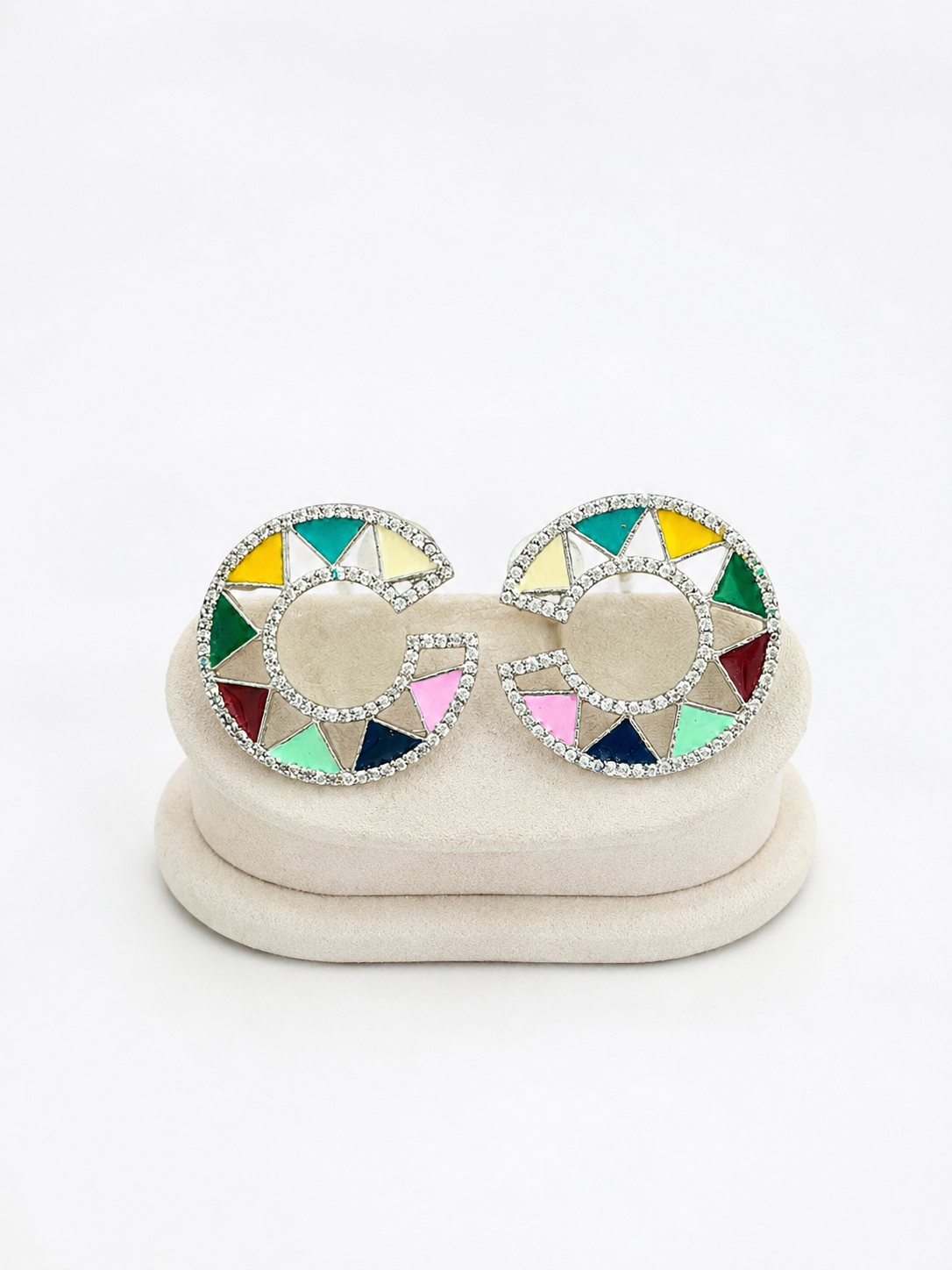 Rangrez Mosaic Stud Earrings – Silver Tone Multicolour Enamel Studs – Pabeena
