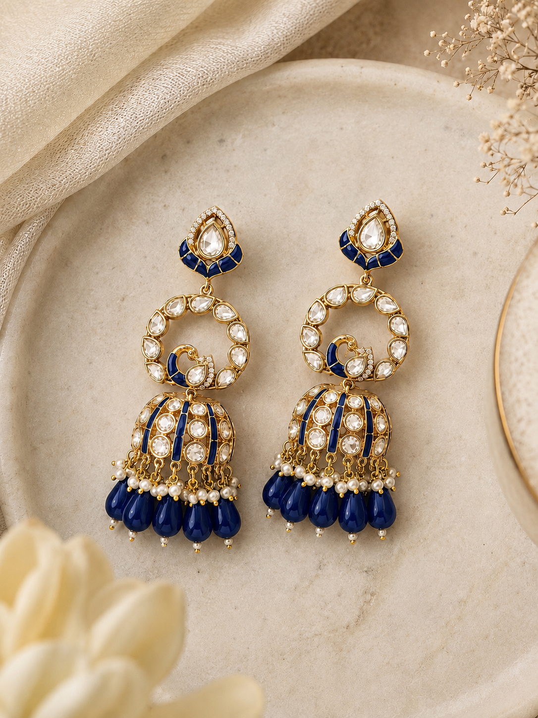 Neelambari Rajwadi Peacock Jhumkas – view 3 – Pabeena