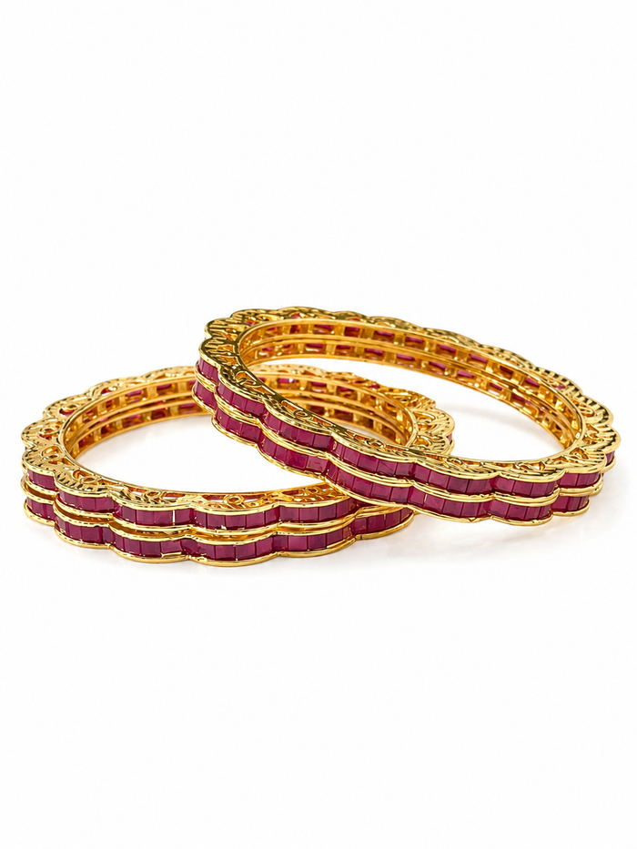 Ruby Royale Scallop Bangles – Pair of Ruby Baguette Gold Bangles