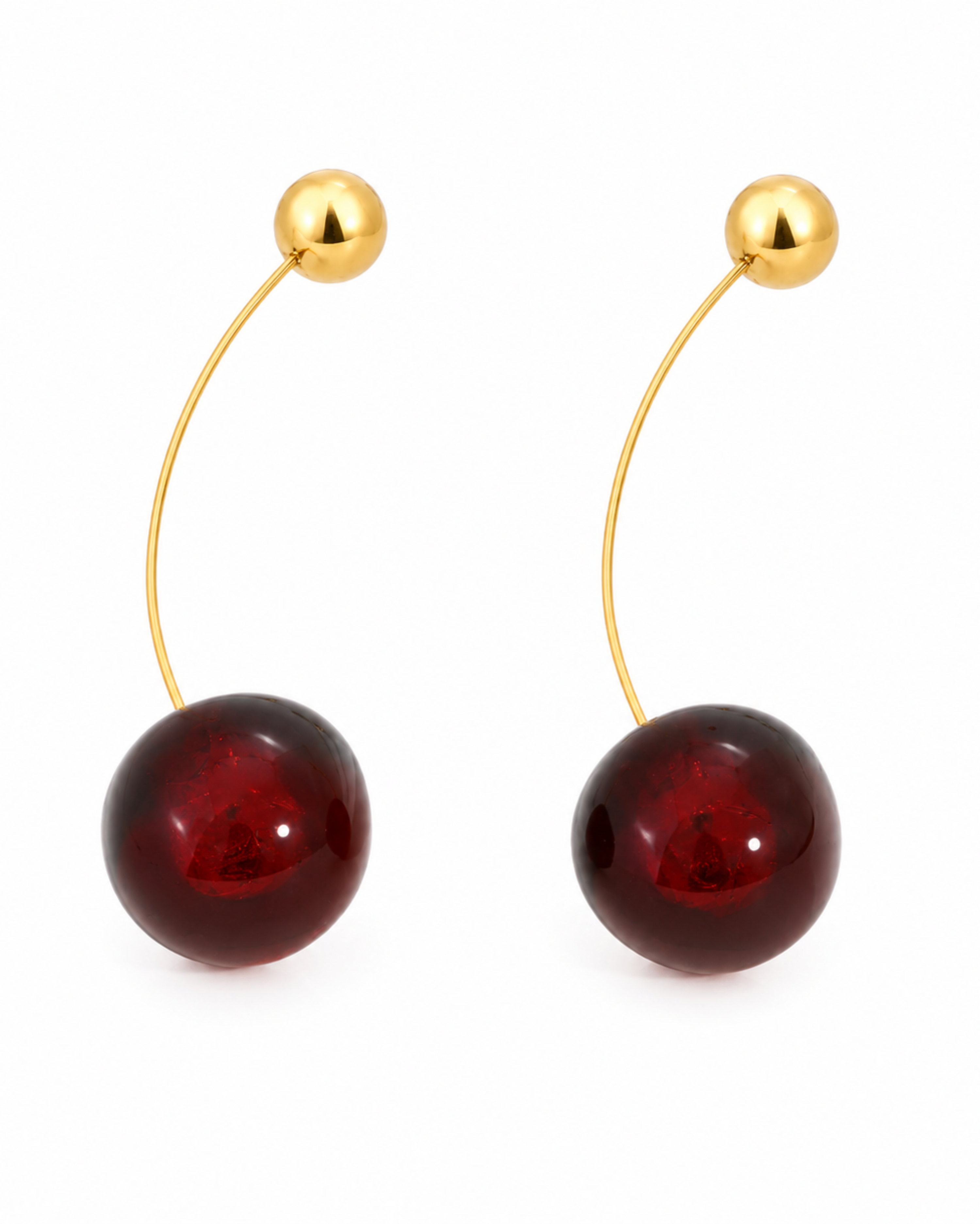 Cherry Arc Drop Earrings – Gold Plated Red Bead Cherry Drops – Pabeena