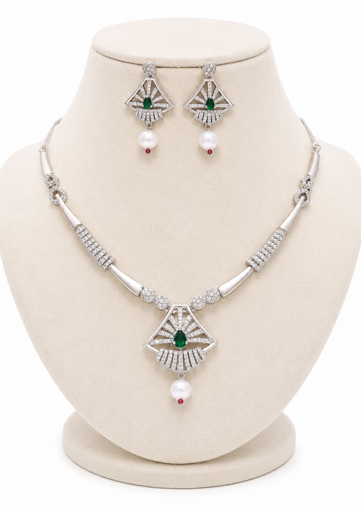 Emerald Deco Pearl AD Necklace Set – Art Deco American Diamond Jewellery – Pabeena