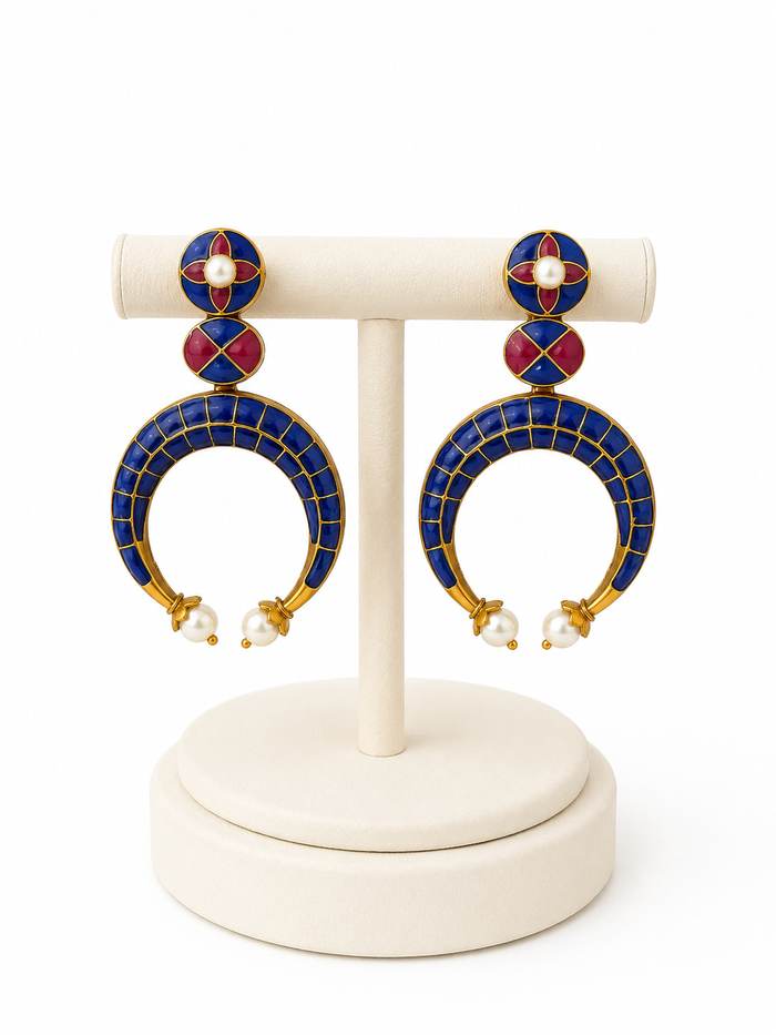 Noor Azure Crescent Earrings – Blue Enamel Pearl Drop Earrings