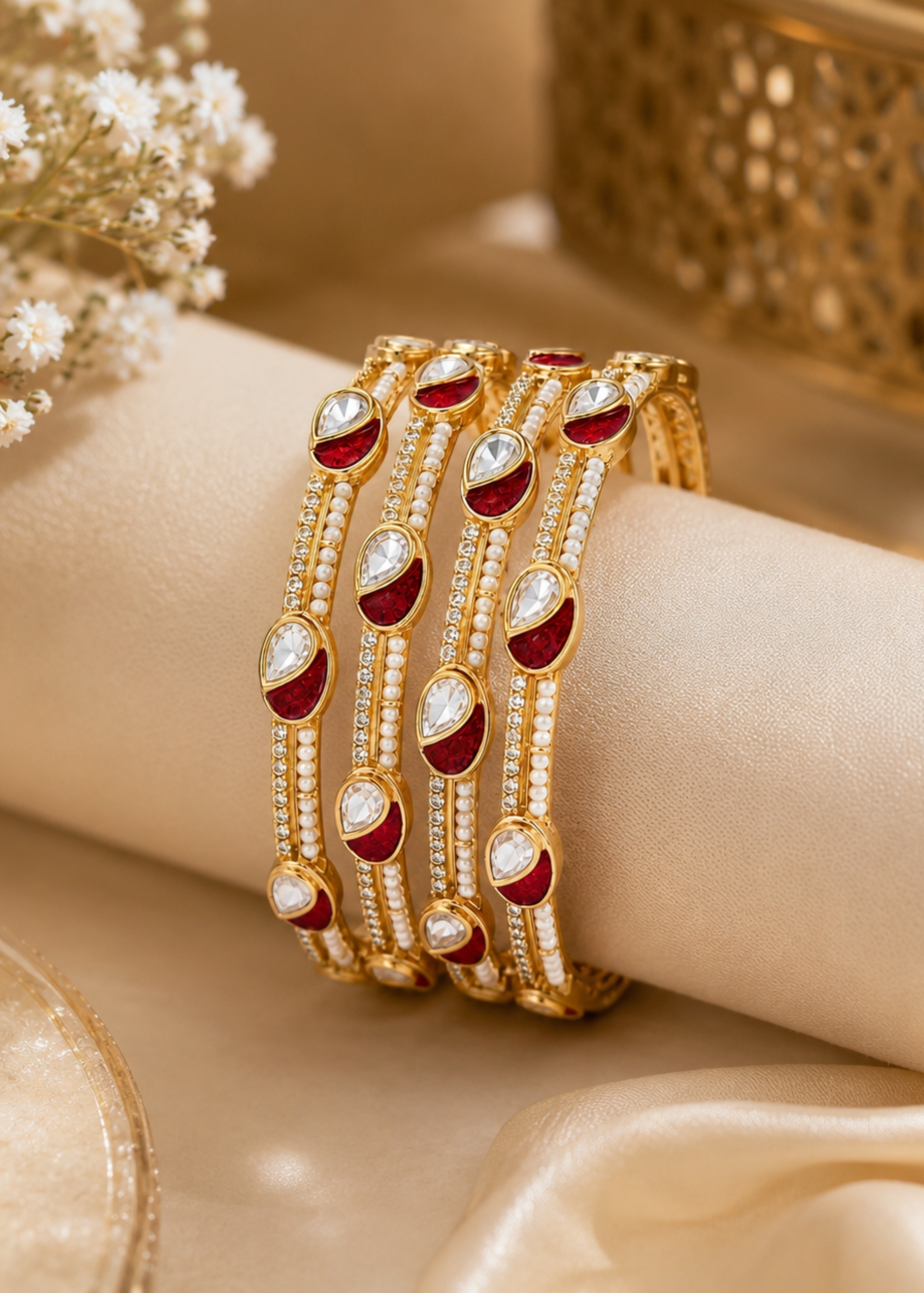 Rajwada Ruby Pearl Bangle Set - Pabeena