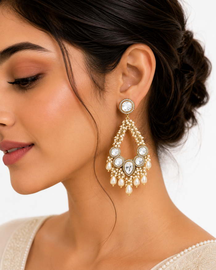 Ivory Noor Polki Pearl Earrings – Kundan Bridal Earrings for Women