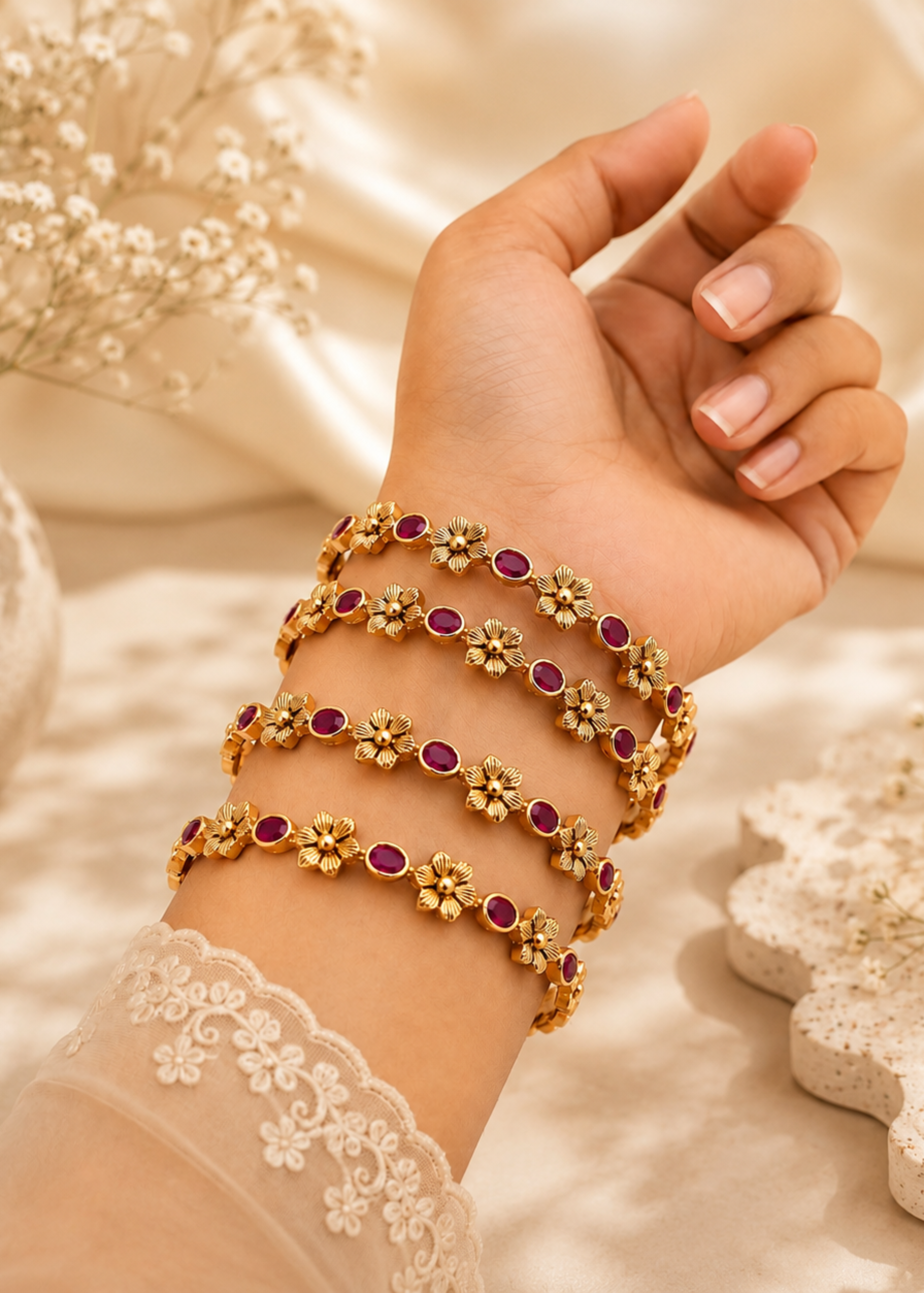 Ruby Blossom Heritage Bangles - Pabeena