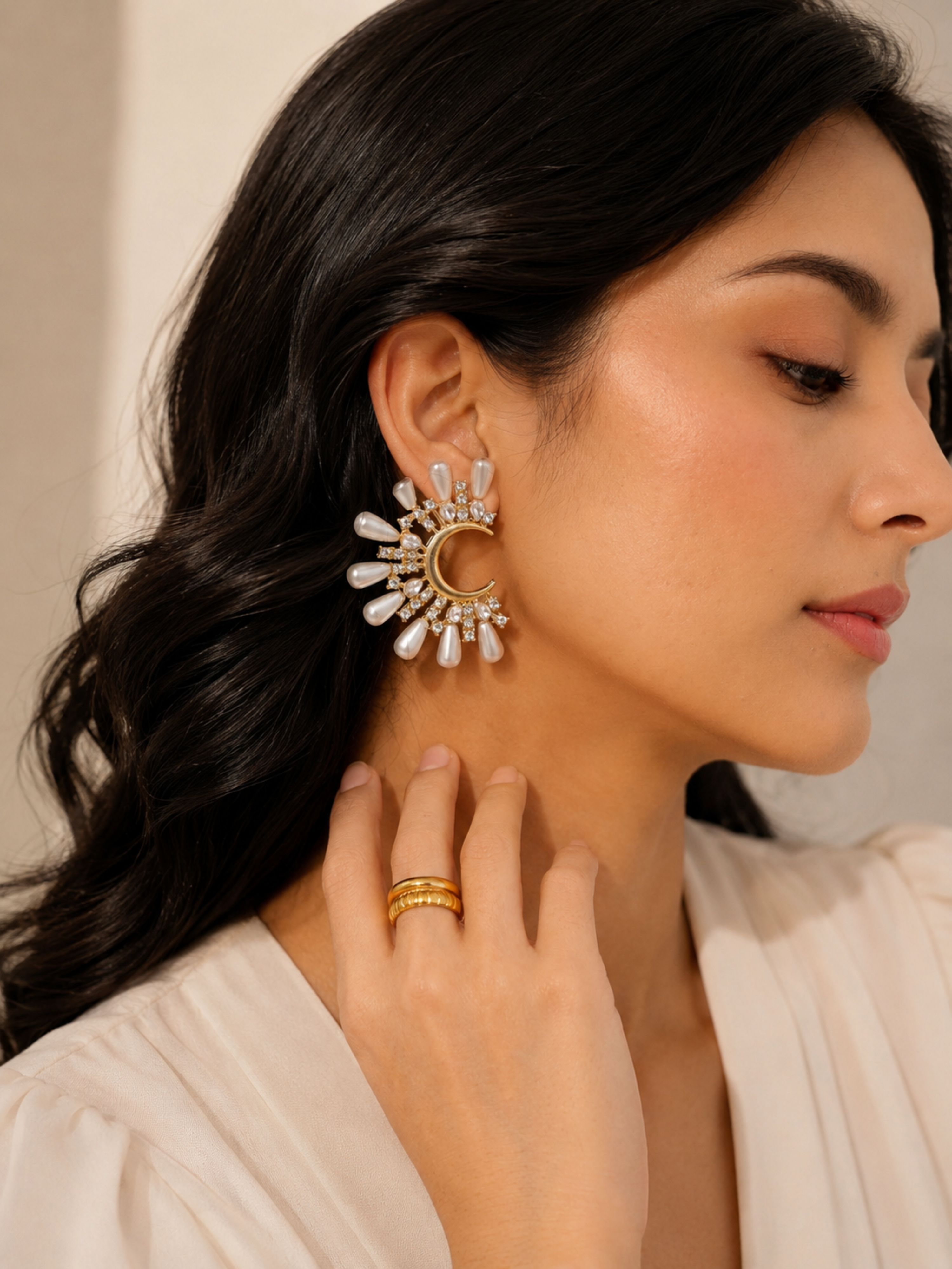 Lunara Pearl Crescent Studs – view 2 – Pabeena