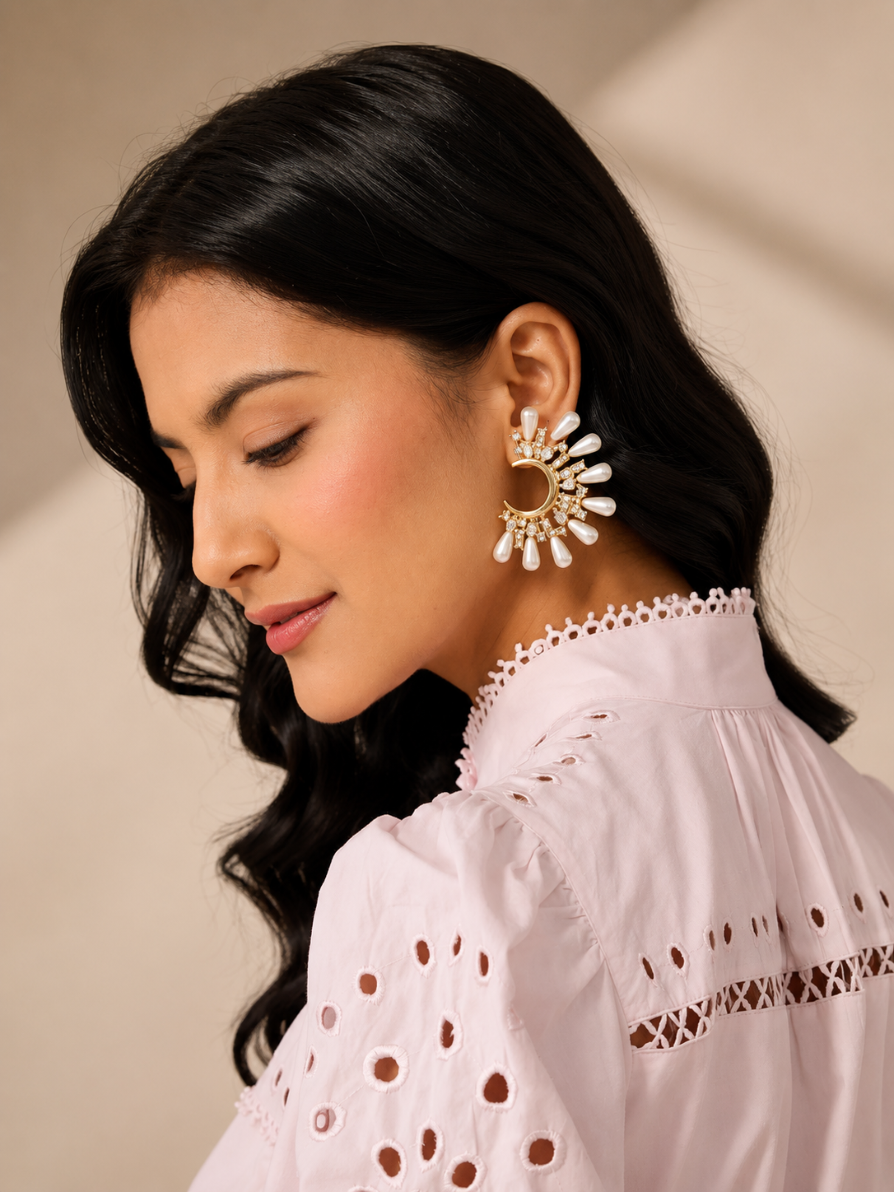 Lunara Pearl Crescent Studs – view 3 – Pabeena