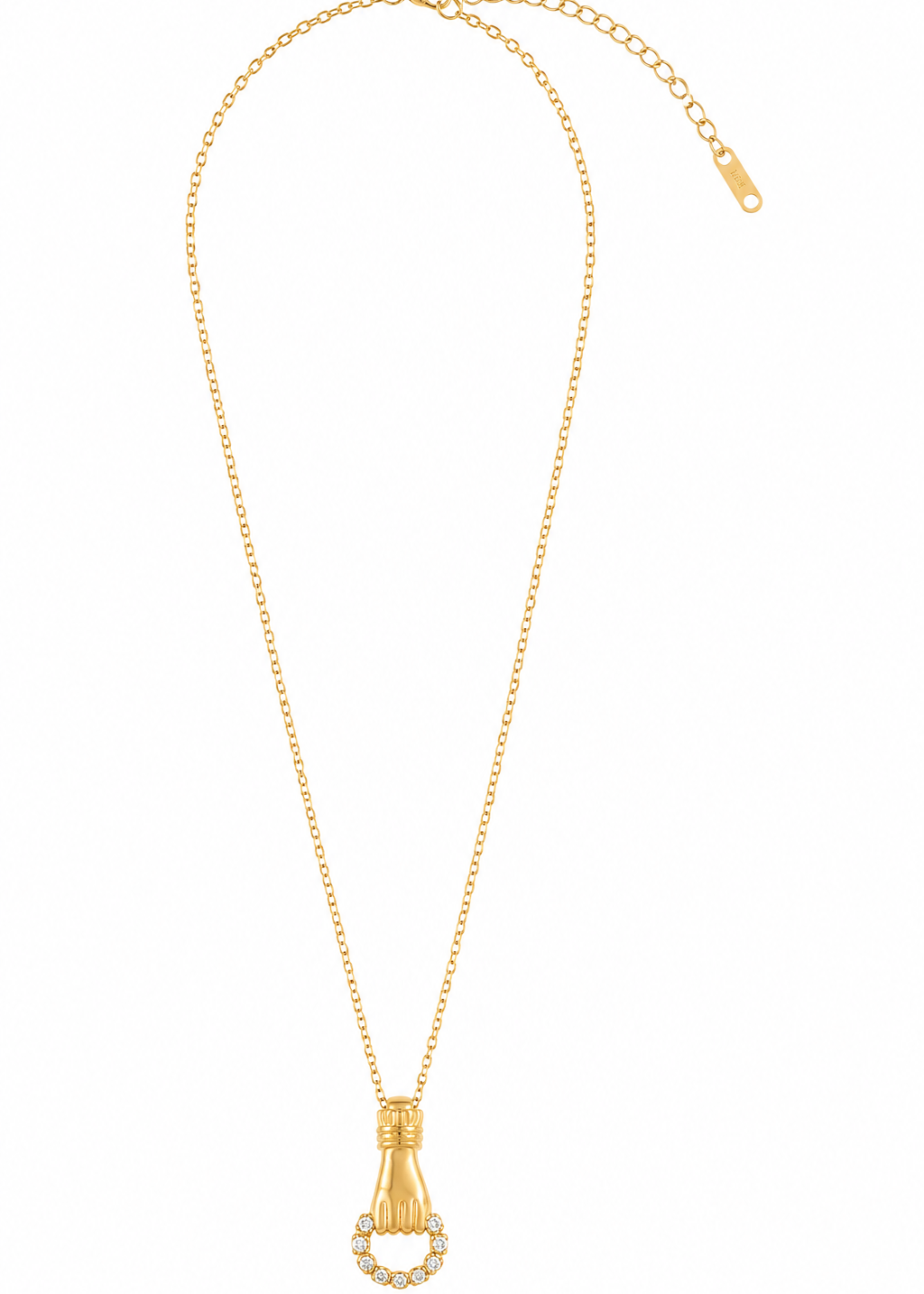 A gold necklace featuring a champagne bottle pendant with a halo of small clear stones, displayed on a clean white background.