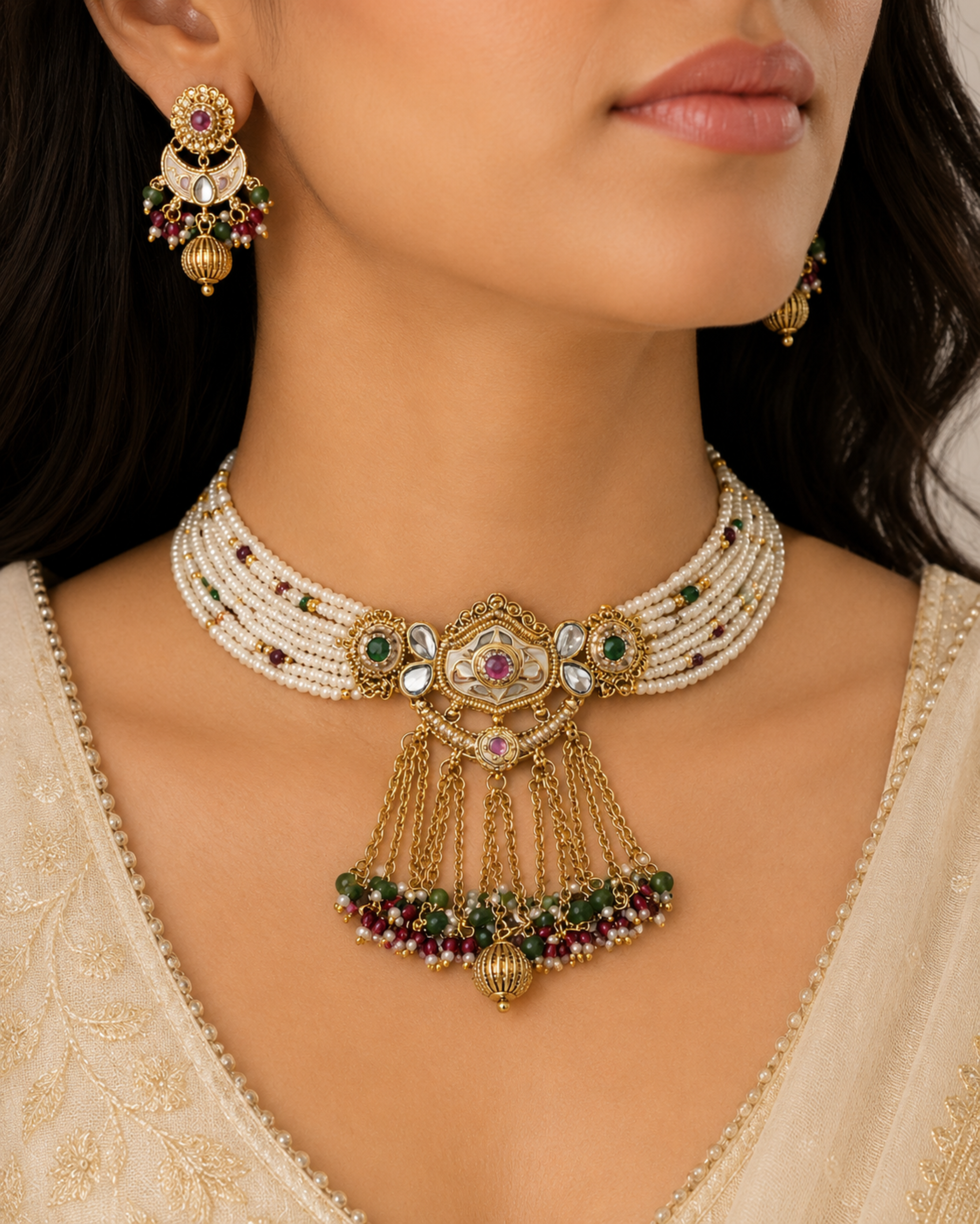 Noor Jahan Pearl Kundan Choker Set - Pabeena